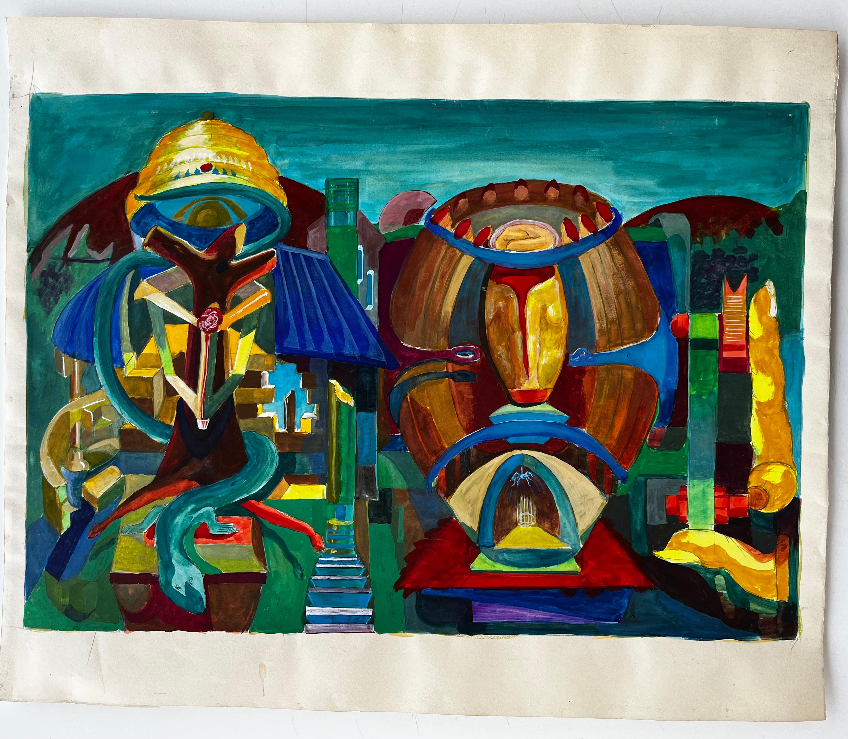 Cubist Surrealist Architectural Fantasy With Abstract Domes French Gouache - Art by Guy Nicod
