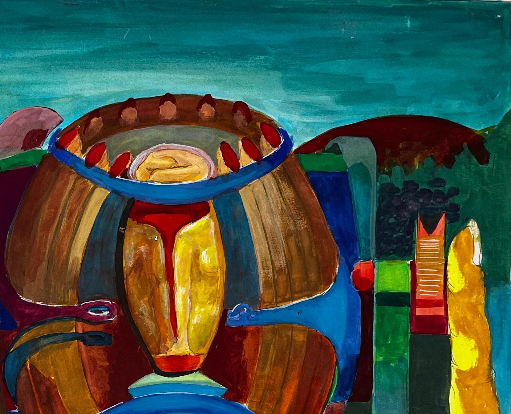 Title: Cubist Surrealist Architectural Fantasy With Abstract Domes French Gouache
Guy Nicod (French 1923 - 2021) 
Gouache on artist paper, unframed
Size: 19 x 23 inches (height x width)
Provenance: Artists estate, France
Condition: Good – strong