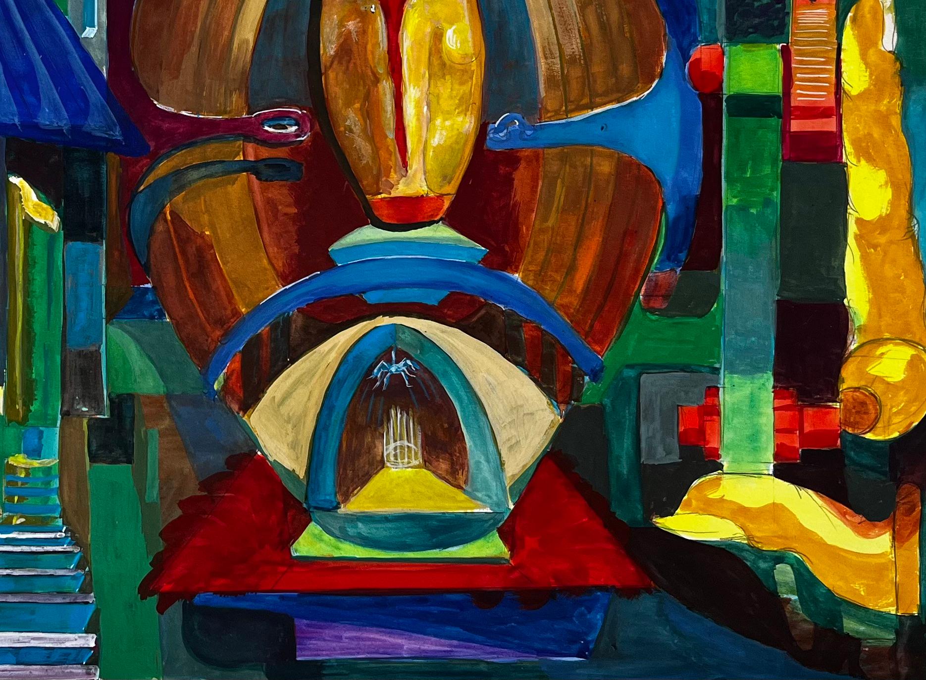 Cubist Surrealist Architectural Fantasy With Abstract Domes French Gouache For Sale 1