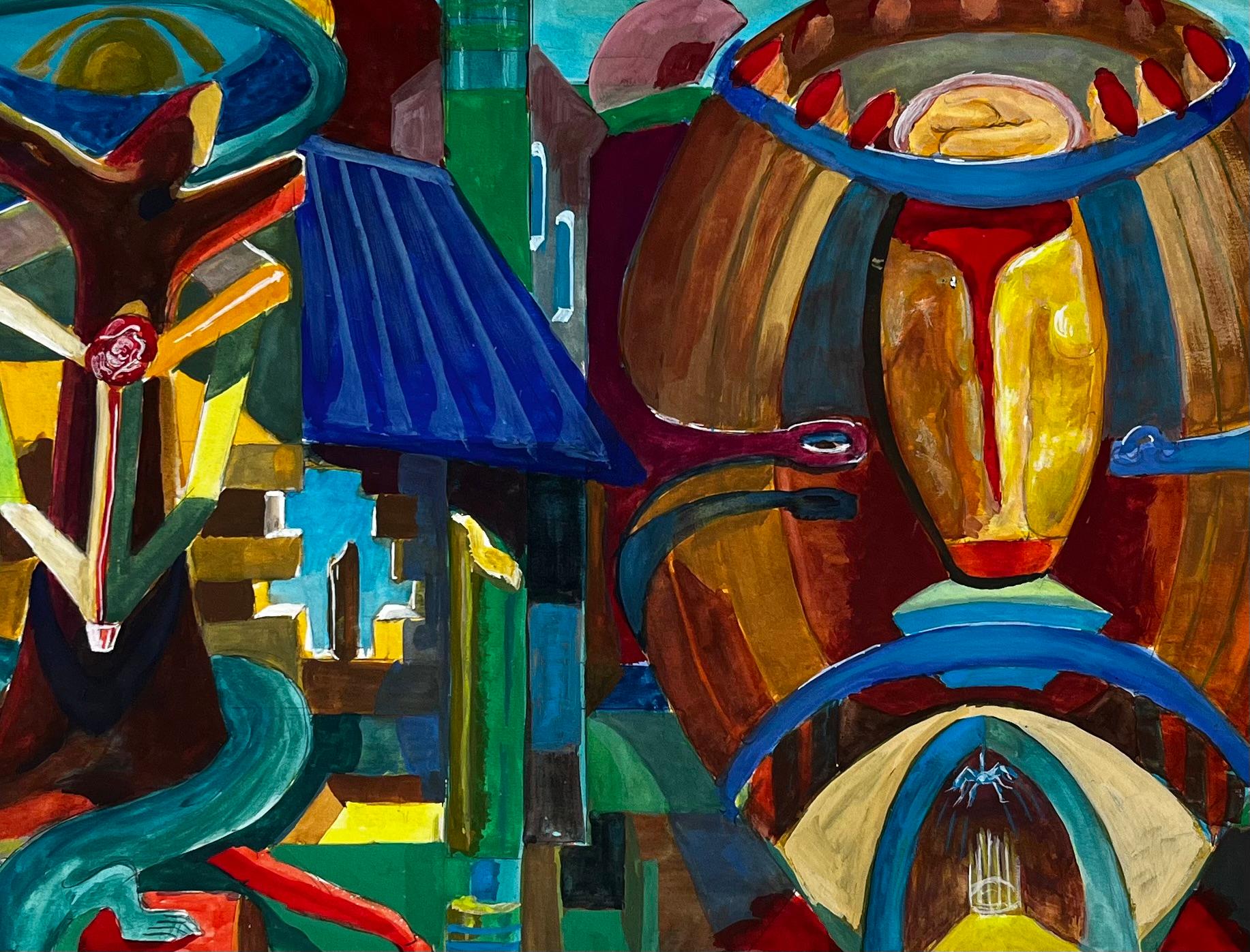 Cubist Surrealist Architectural Fantasy With Abstract Domes French Gouache For Sale 2