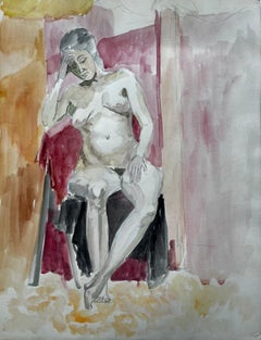 Seated Female Nude Study In Red Chair French Modernist Watercolour Life Drawing
