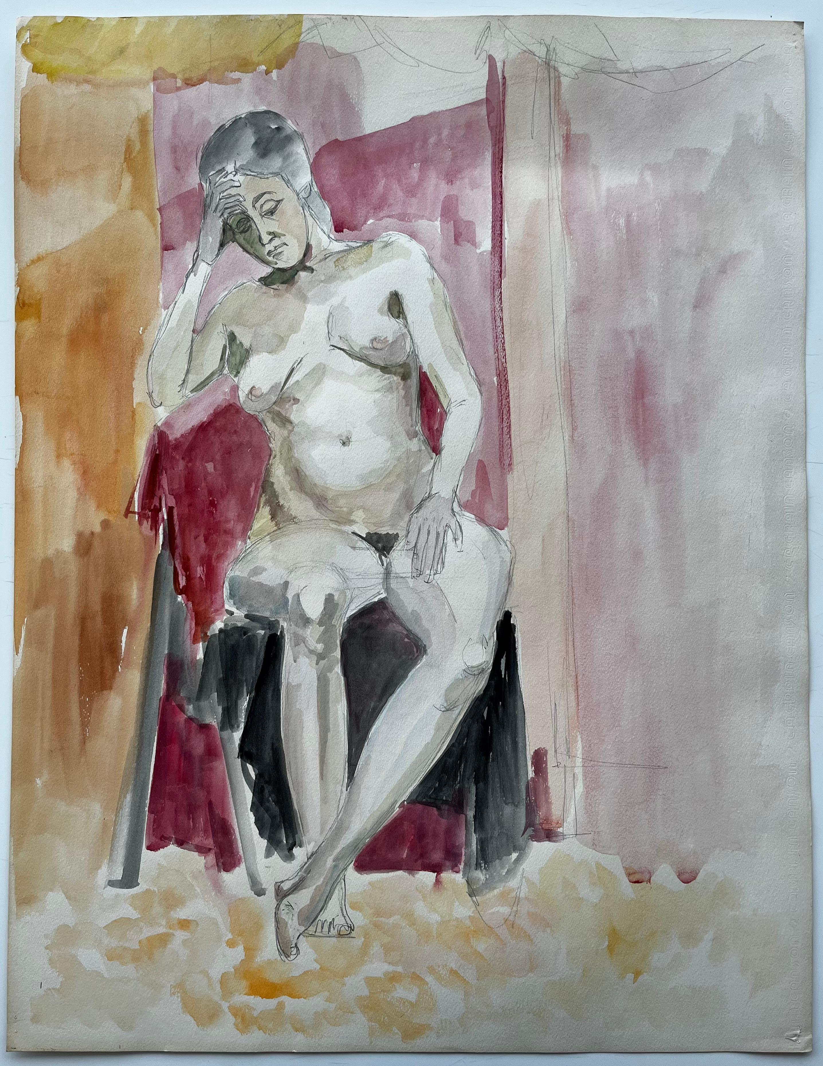 Étude de nu féminin assis sur une chaise rouge Aquarelle moderniste française Dessin d'après nature - Art de Guy Nicod