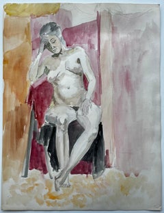 Estudio Desnudo Femenino Sentado En Silla Roja Dibujo al natural Acuarela Modernista Francesa