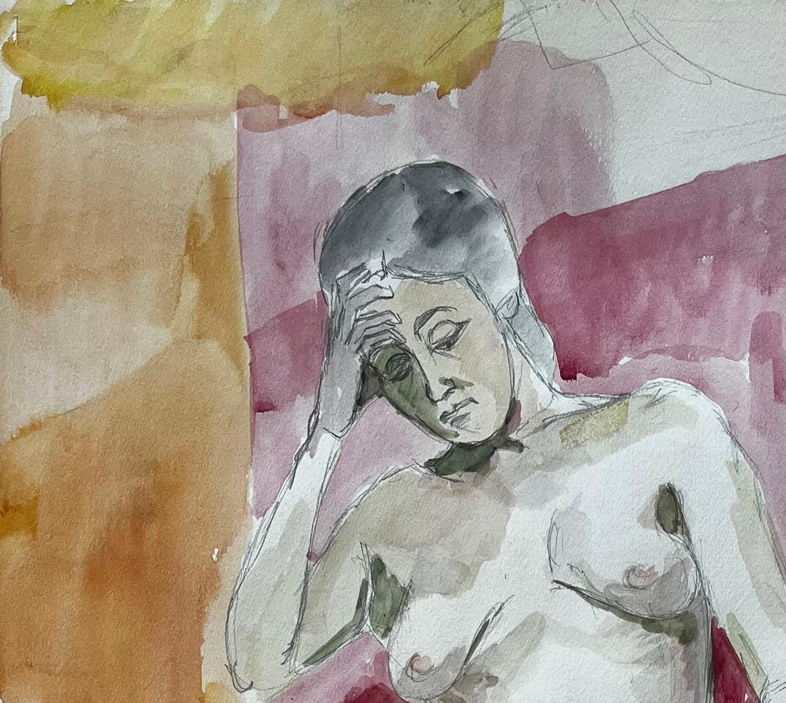Étude de nu féminin assis sur une chaise rouge Aquarelle moderniste française Dessin d'après nature - Moderne Art par Guy Nicod