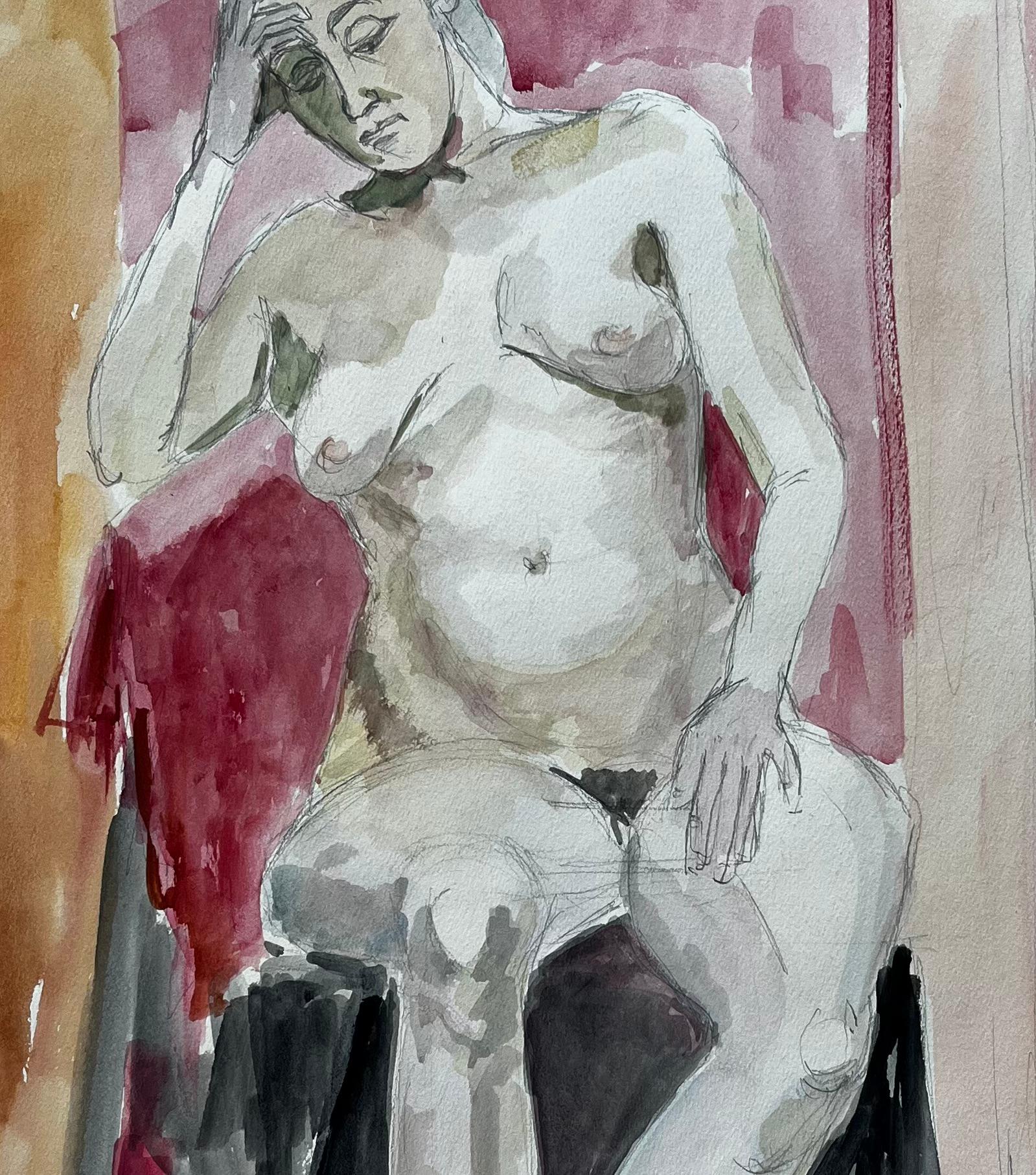 Étude de nu féminin assis sur une chaise rouge Aquarelle moderniste française Dessin d'après nature - Gris Abstract Drawing par Guy Nicod