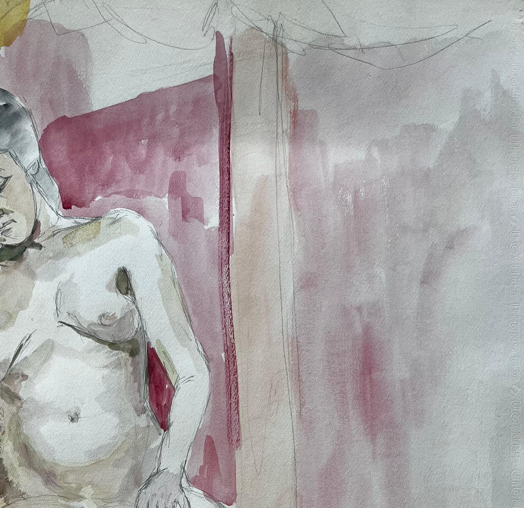 Étude de nu féminin assis sur une chaise rouge Aquarelle moderniste française Dessin d'après nature en vente 1
