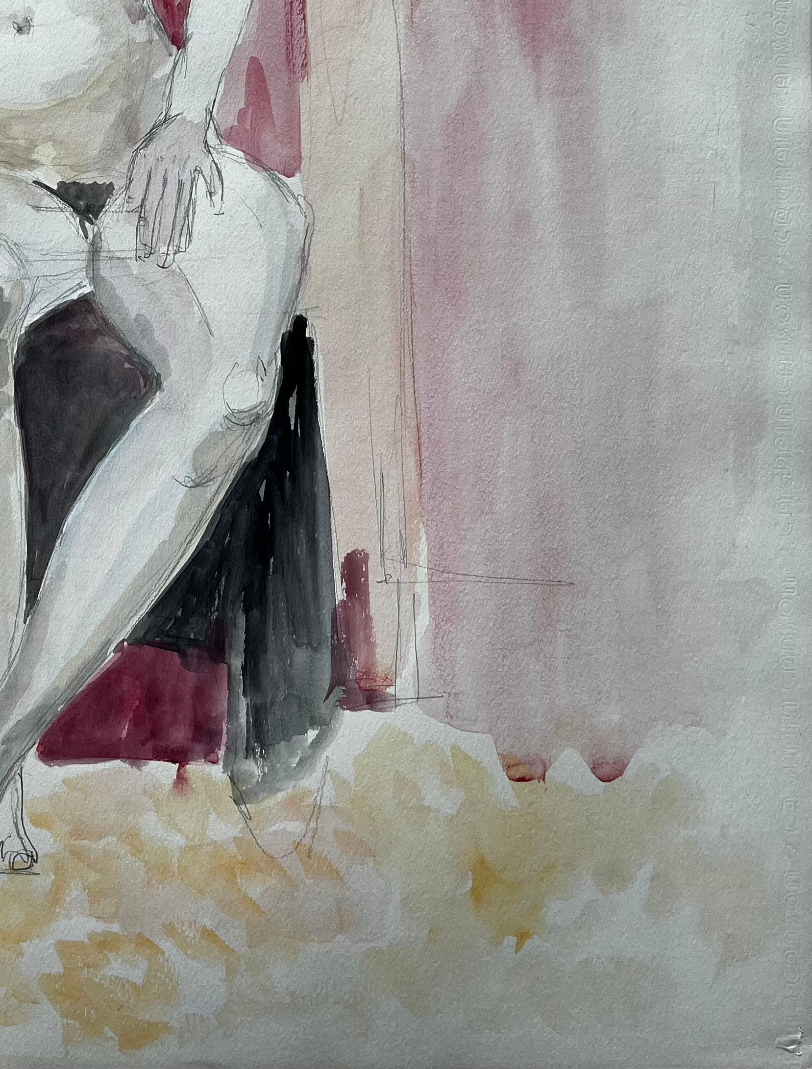 Étude de nu féminin assis sur une chaise rouge Aquarelle moderniste française Dessin d'après nature en vente 2