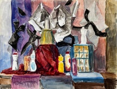 French Cubist Still Life With Bottles Draped Cloth And Abstract Background