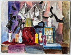 French Cubist Still Life With Bottles Draped Cloth And Abstract Background