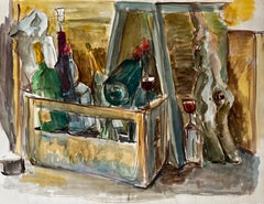 Used French Modernist Still Life With Wine Bottles Glasses And Wooden Crate