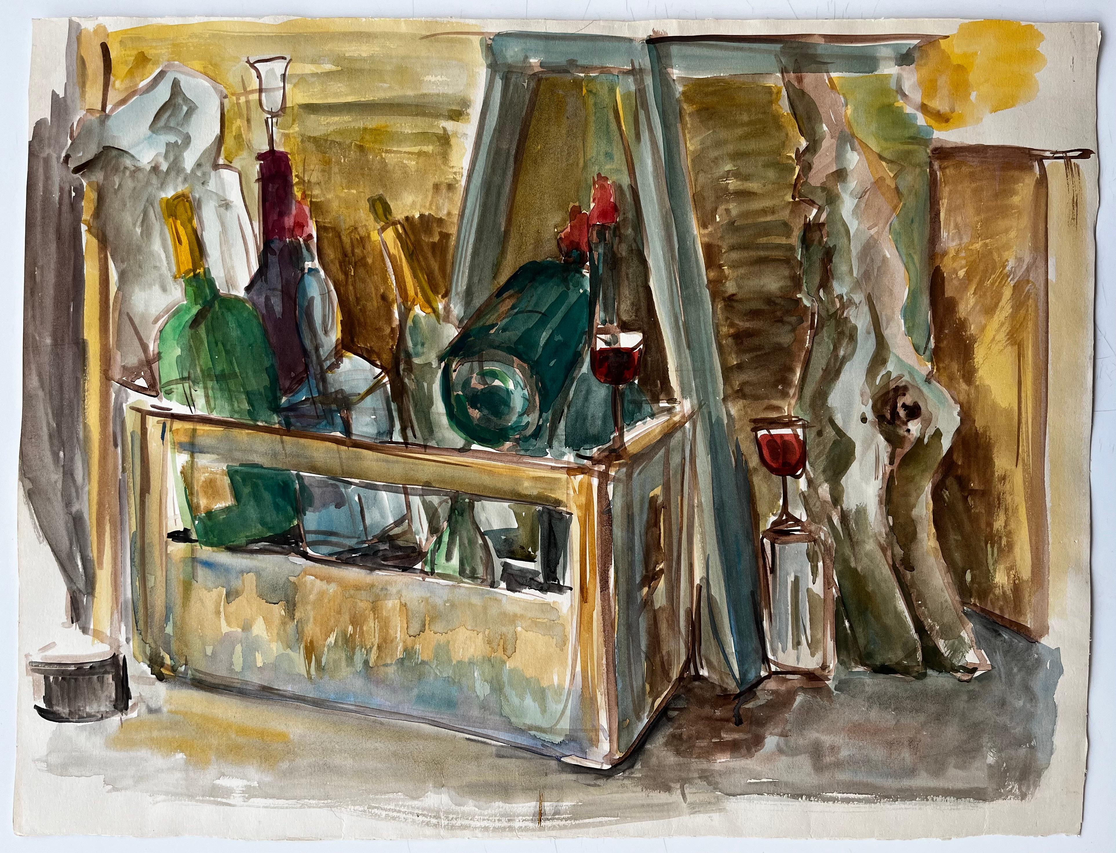 Bodegón Modernista Francés Con Botellas De Vino Copas Y Caja De Madera - Art de Guy Nicod