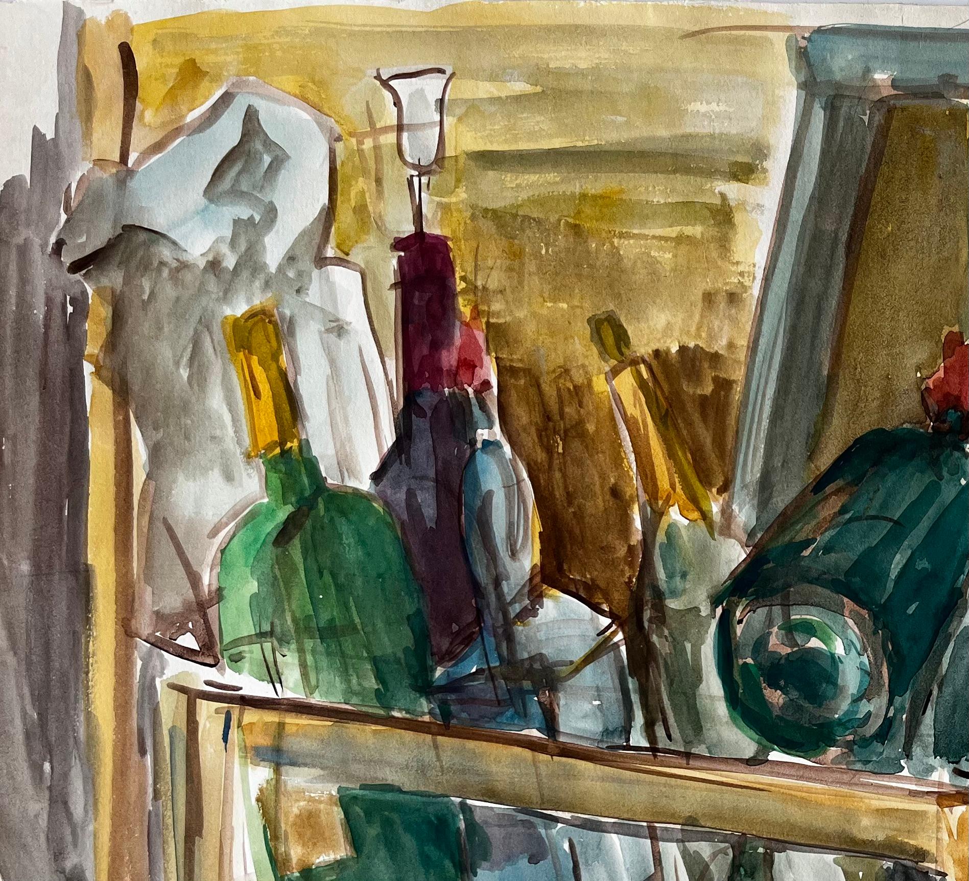 Bodegón Modernista Francés Con Botellas De Vino Copas Y Caja De Madera - Art Moderno de Guy Nicod