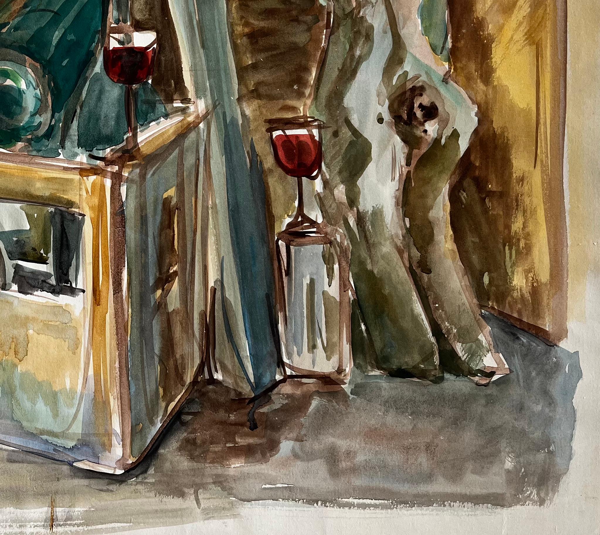Título: Bodegón Modernista Francés Con Botellas De Vino Copas Y Caja De Madera
Guy Nicod (francés 1923 - 2021) 
Acuarela sobre papel de artista, sin enmarcar
Tamaño: 19,25 x 25,25 pulgadas (alto x ancho)
Procedencia: Propiedad de artistas,