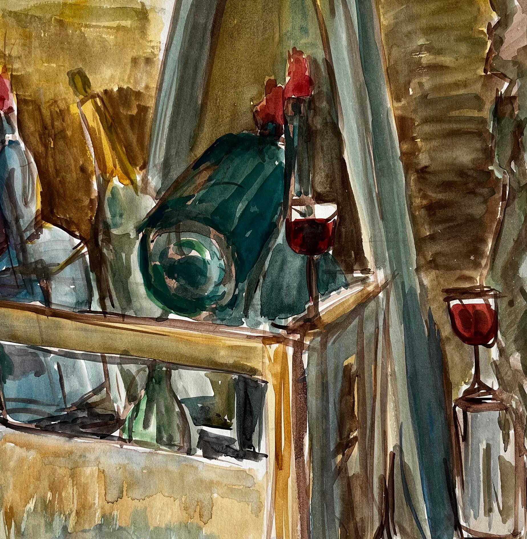 Bodegón Modernista Francés Con Botellas De Vino Copas Y Caja De Madera en venta 2