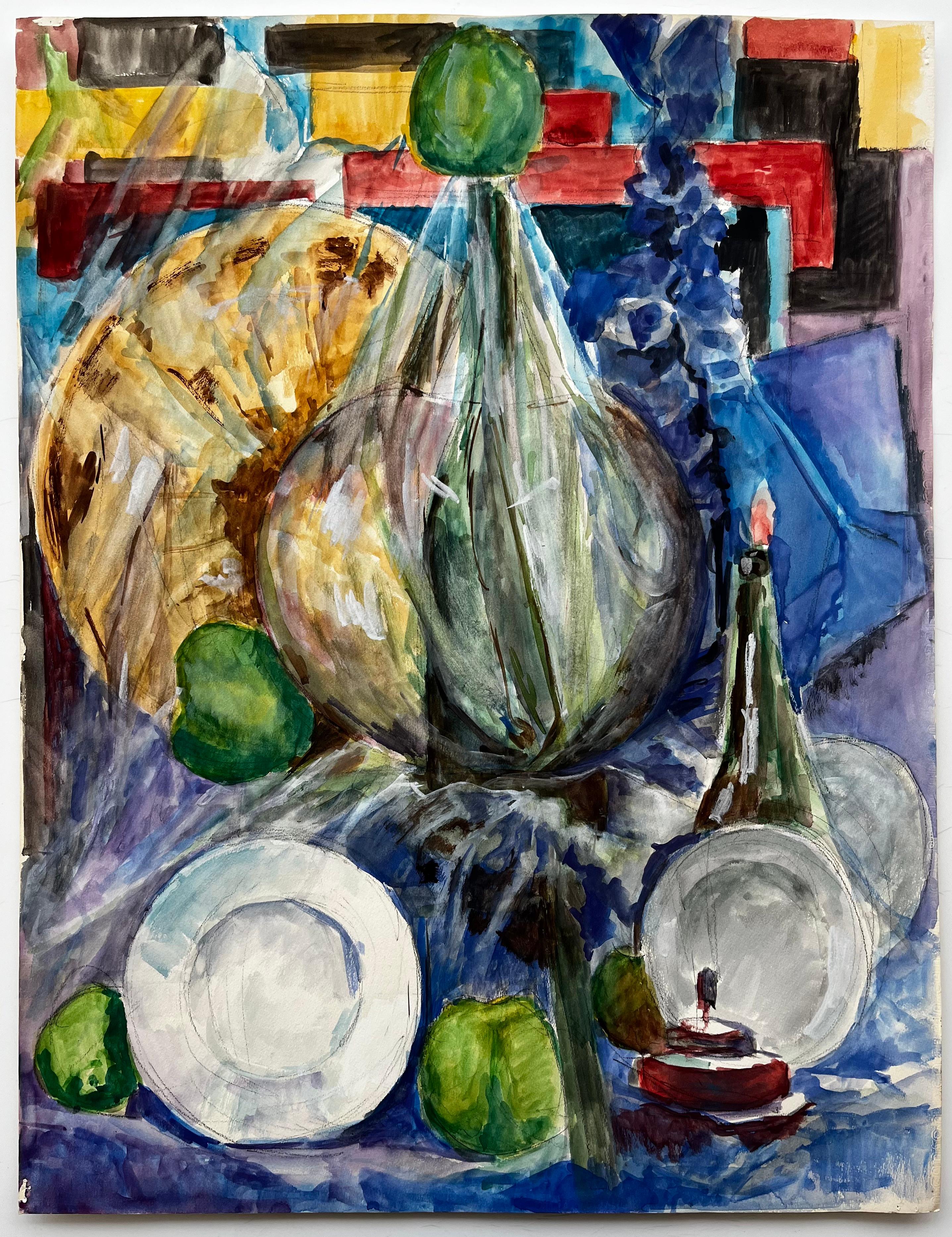 Grande bouteille Demijohn avec pommes vertes Nature morte à la française Peinture à l'aquarelle - Art de Guy Nicod