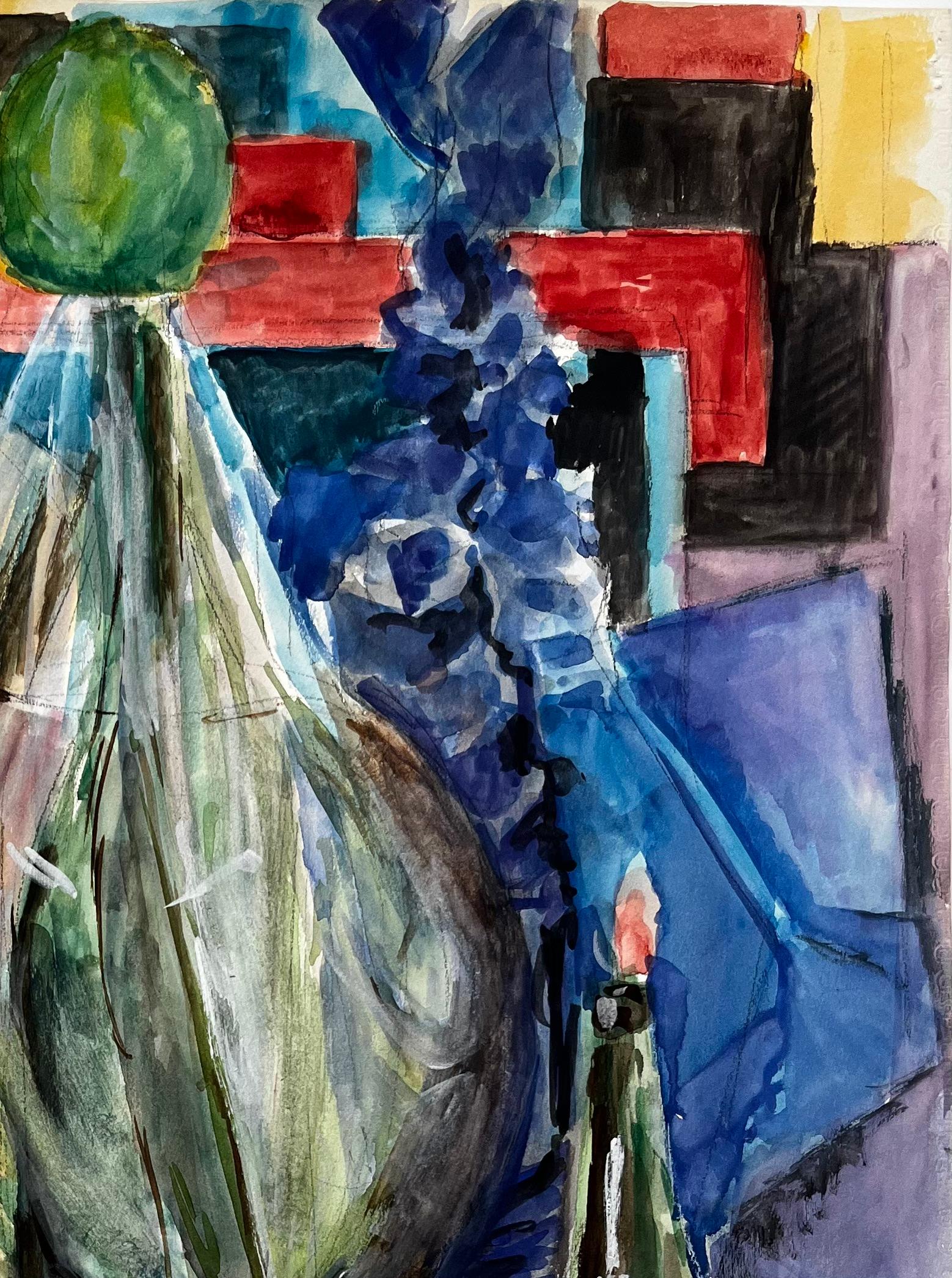 Grande bouteille Demijohn avec pommes vertes Nature morte à la française Peinture à l'aquarelle - Gris Landscape Art par Guy Nicod