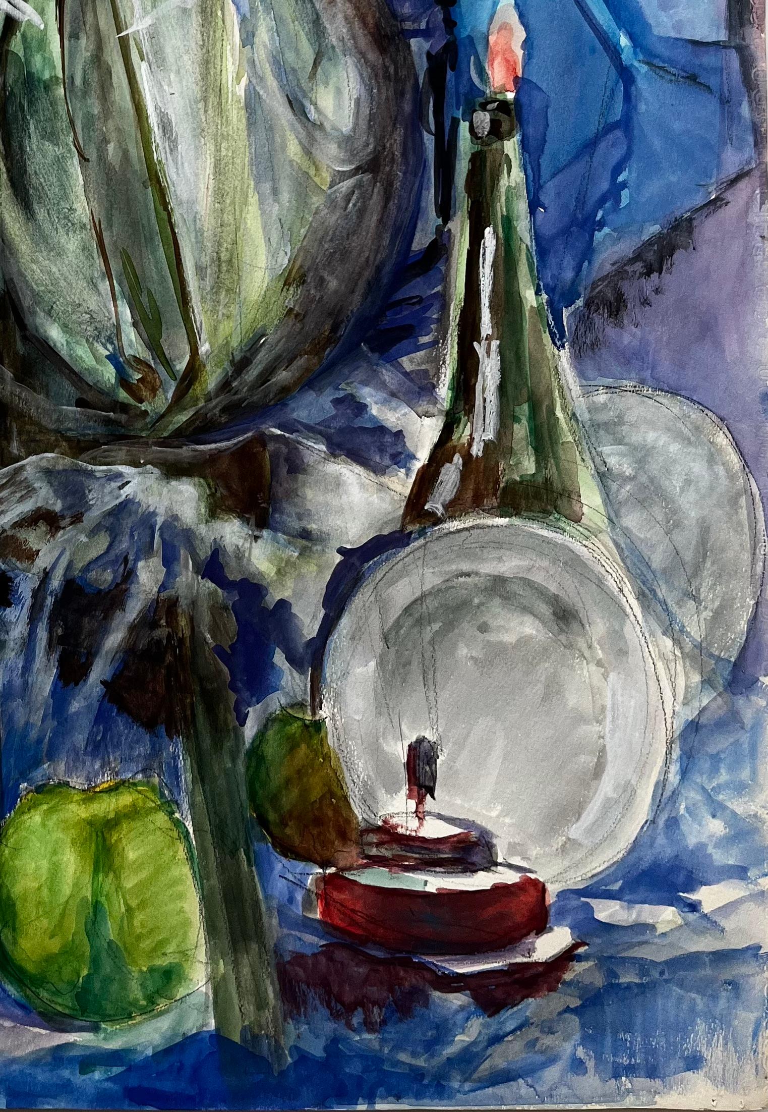 Titre : Grande bouteille Demijohn avec pommes vertes Nature morte à la française Peinture à l'aquarelle
Guy Nicod (français 1923 - 2021) 
Aquarelle sur papier d'artiste, non encadrée
Taille : 25.5 x 19.75 pouces (hauteur x largeur)
Provenance :
