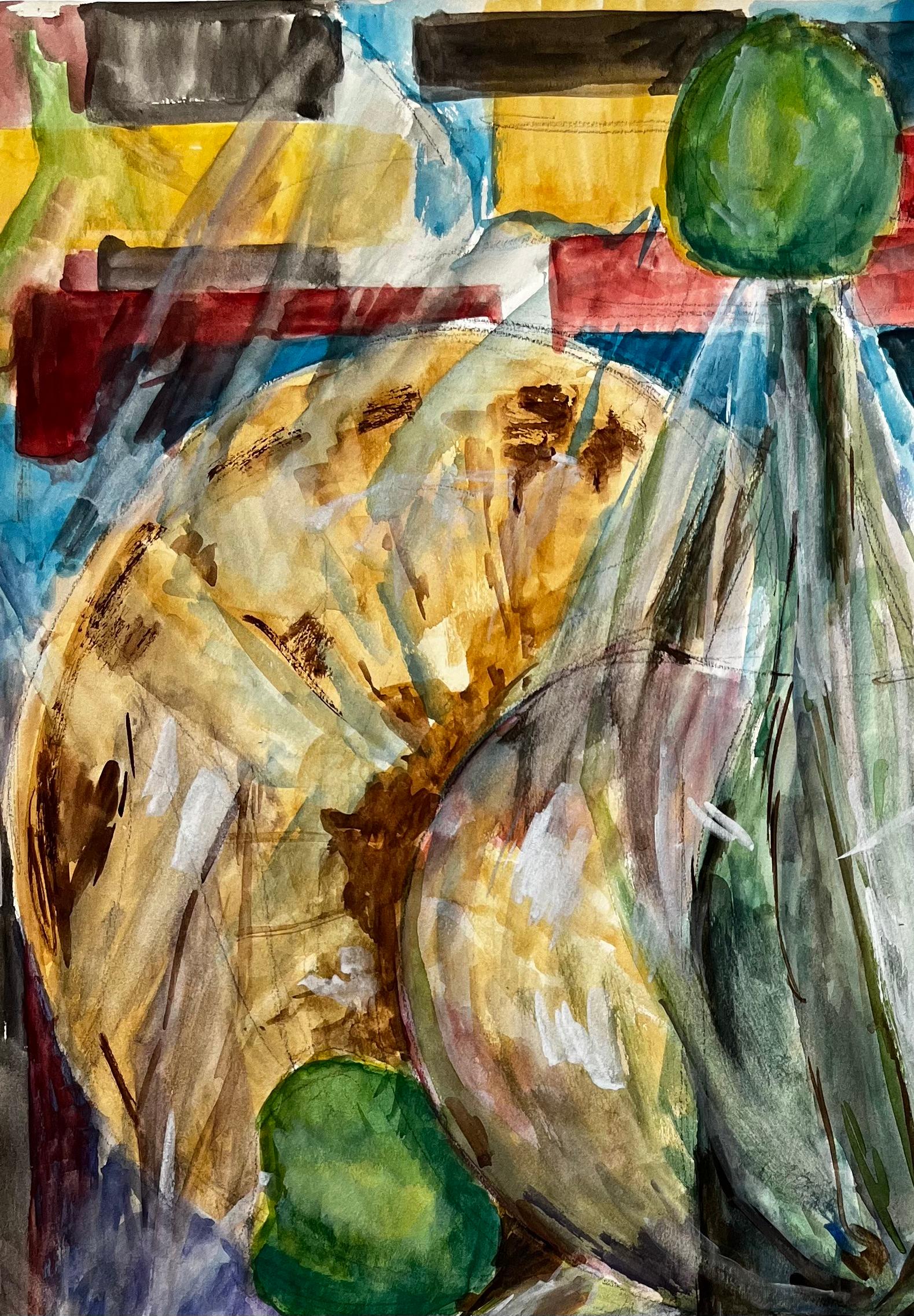 Grande bouteille Demijohn avec pommes vertes Nature morte à la française Peinture à l'aquarelle - Moderne Art par Guy Nicod