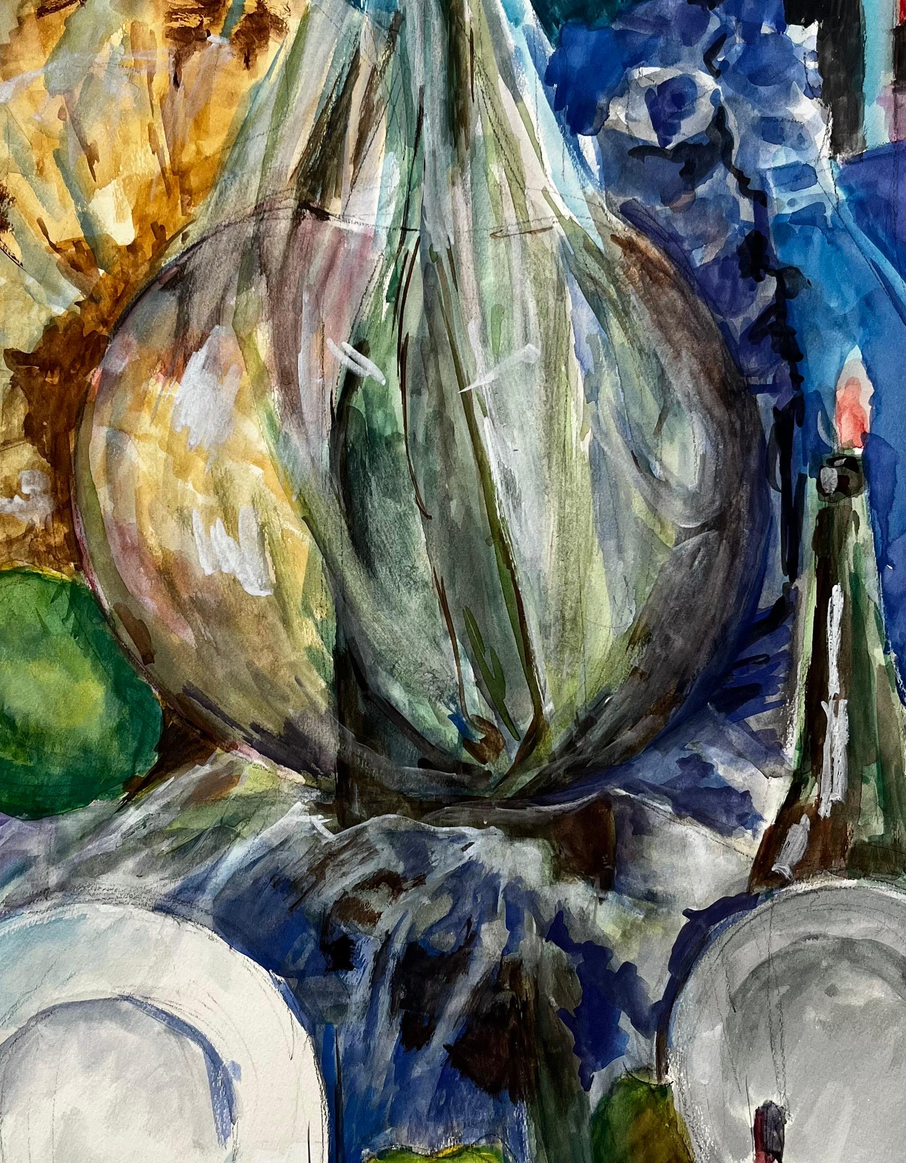 Grande bouteille Demijohn avec pommes vertes Nature morte à la française Peinture à l'aquarelle en vente 1