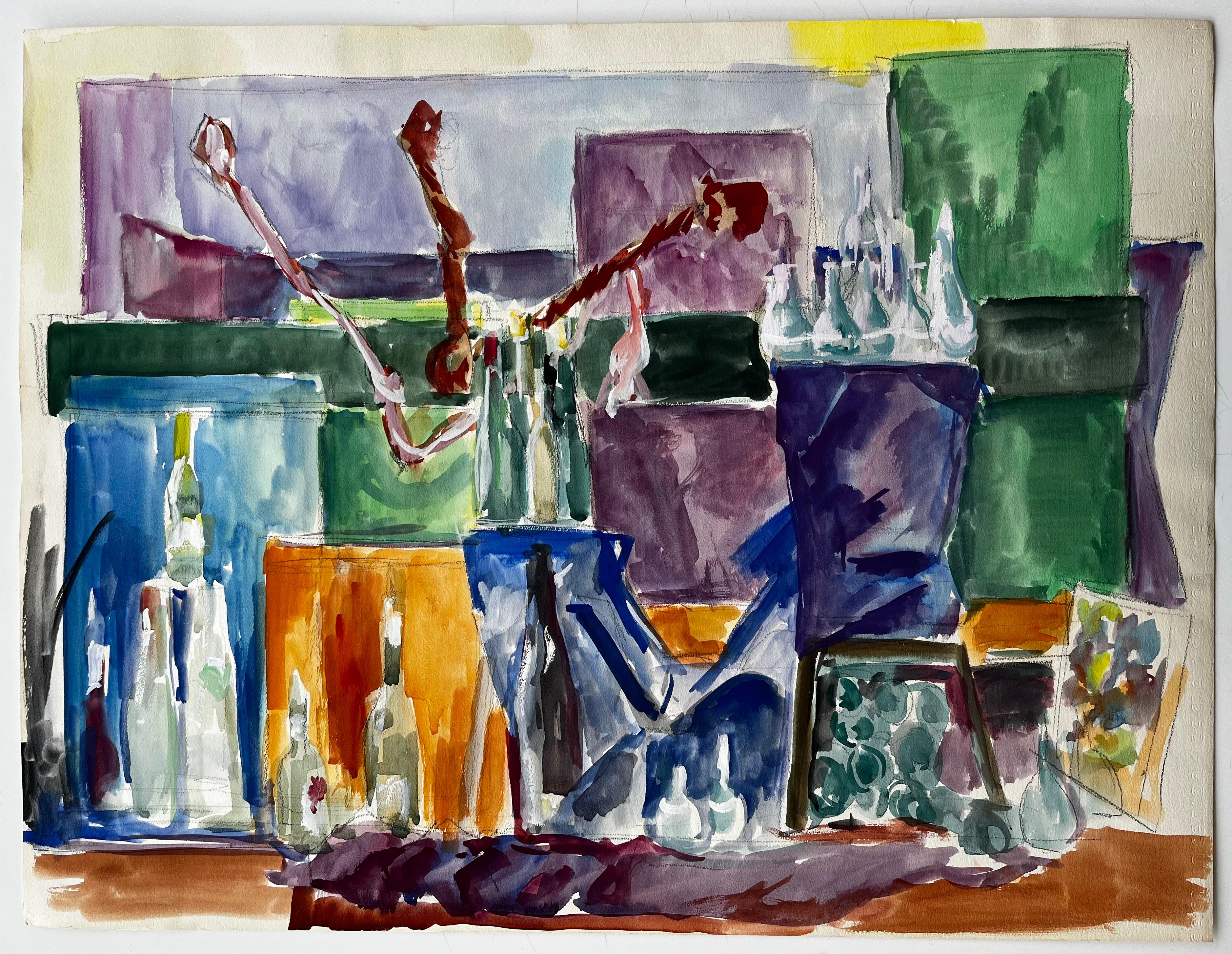 Natura morta astratta con bottiglie e branchi Acquerello francese modernista - Art di Guy Nicod