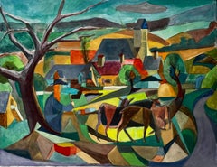 Paesaggio cubista a guazzo di un villaggio francese con cervi, alberi, chiese e colline