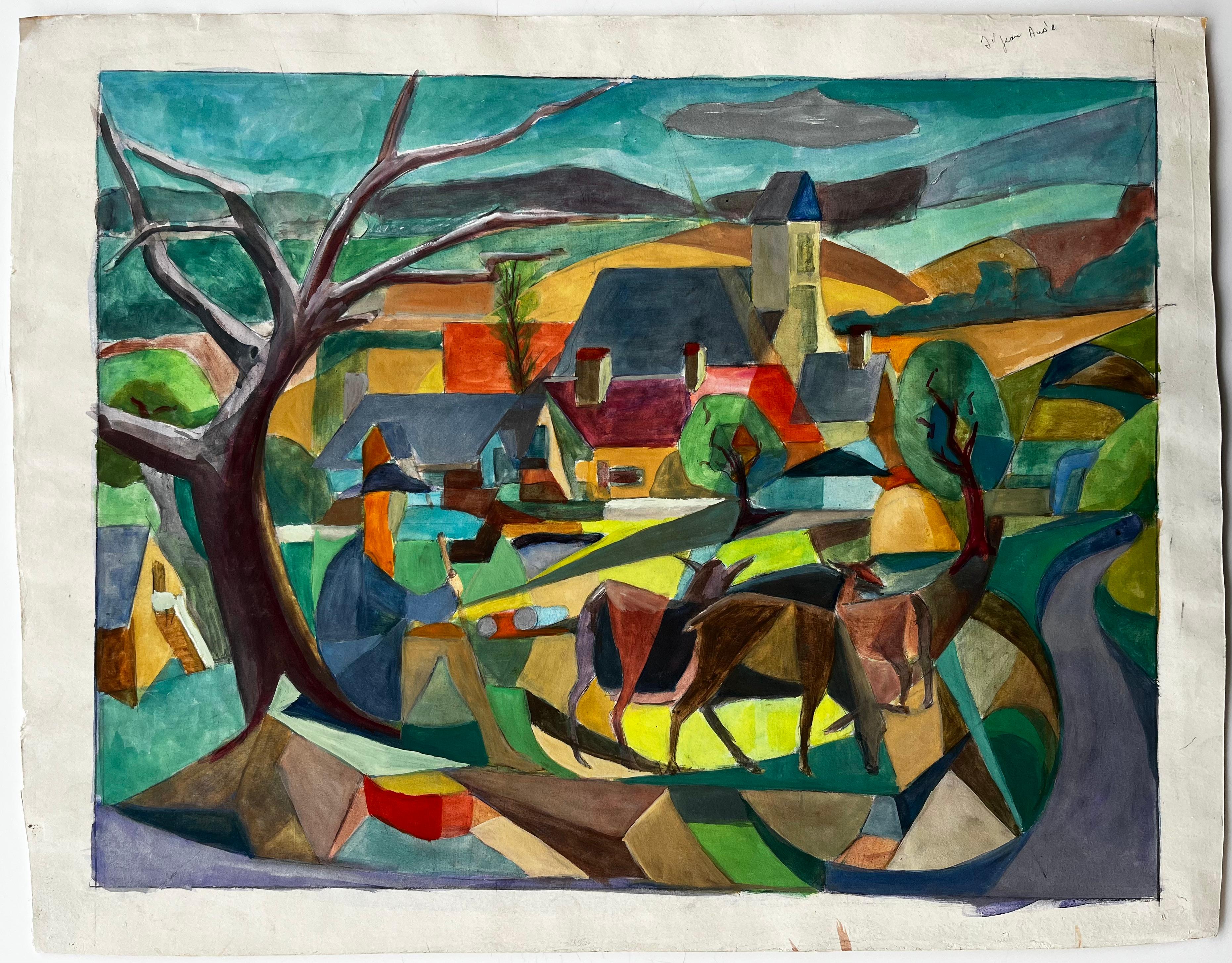 Paesaggio cubista a guazzo di un villaggio francese con cervi, alberi, chiese e colline - Art di Guy Nicod
