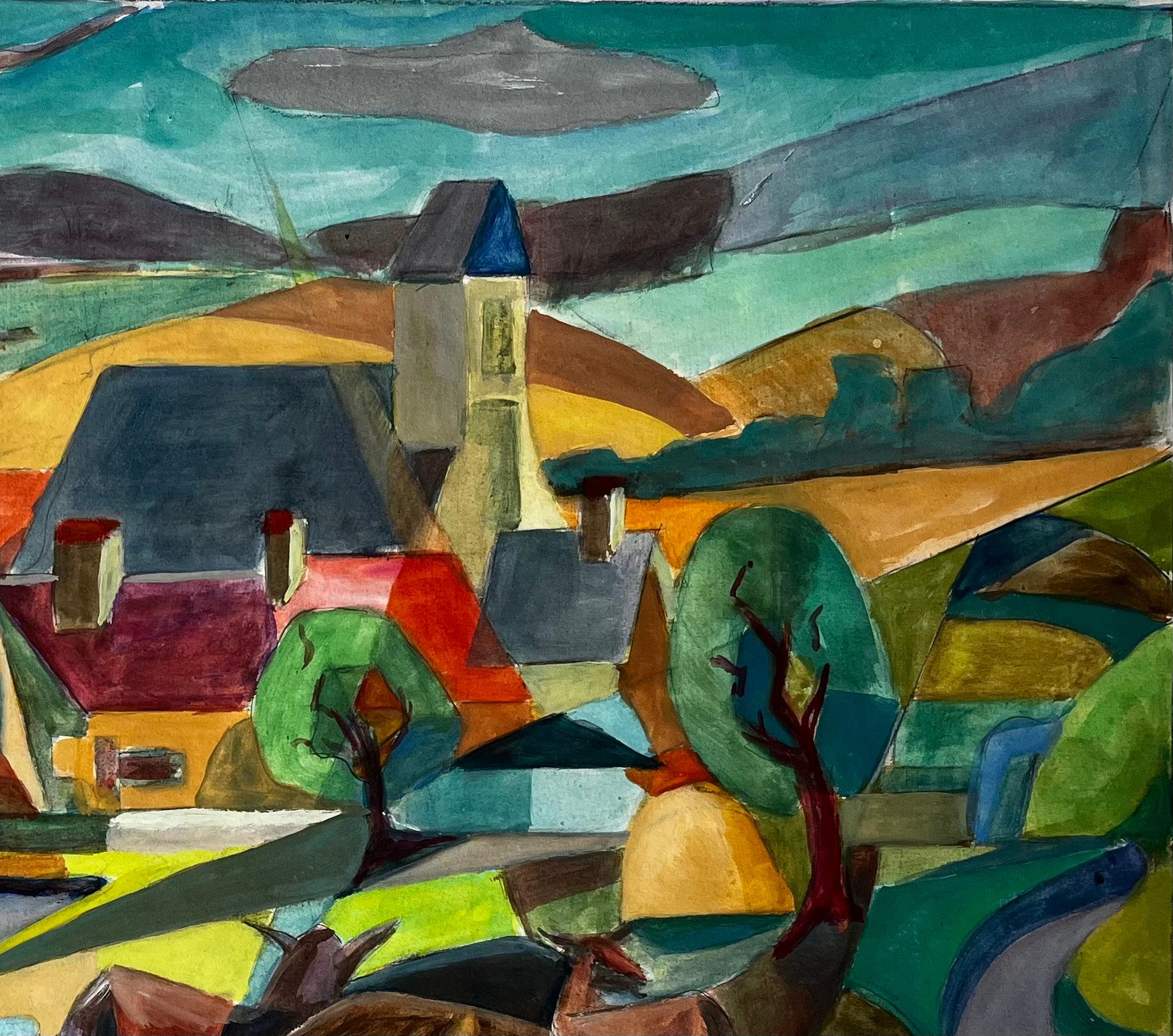 Paesaggio cubista a guazzo di un villaggio francese con cervi, alberi, chiese e colline - Landscape Art Nero di Guy Nicod
