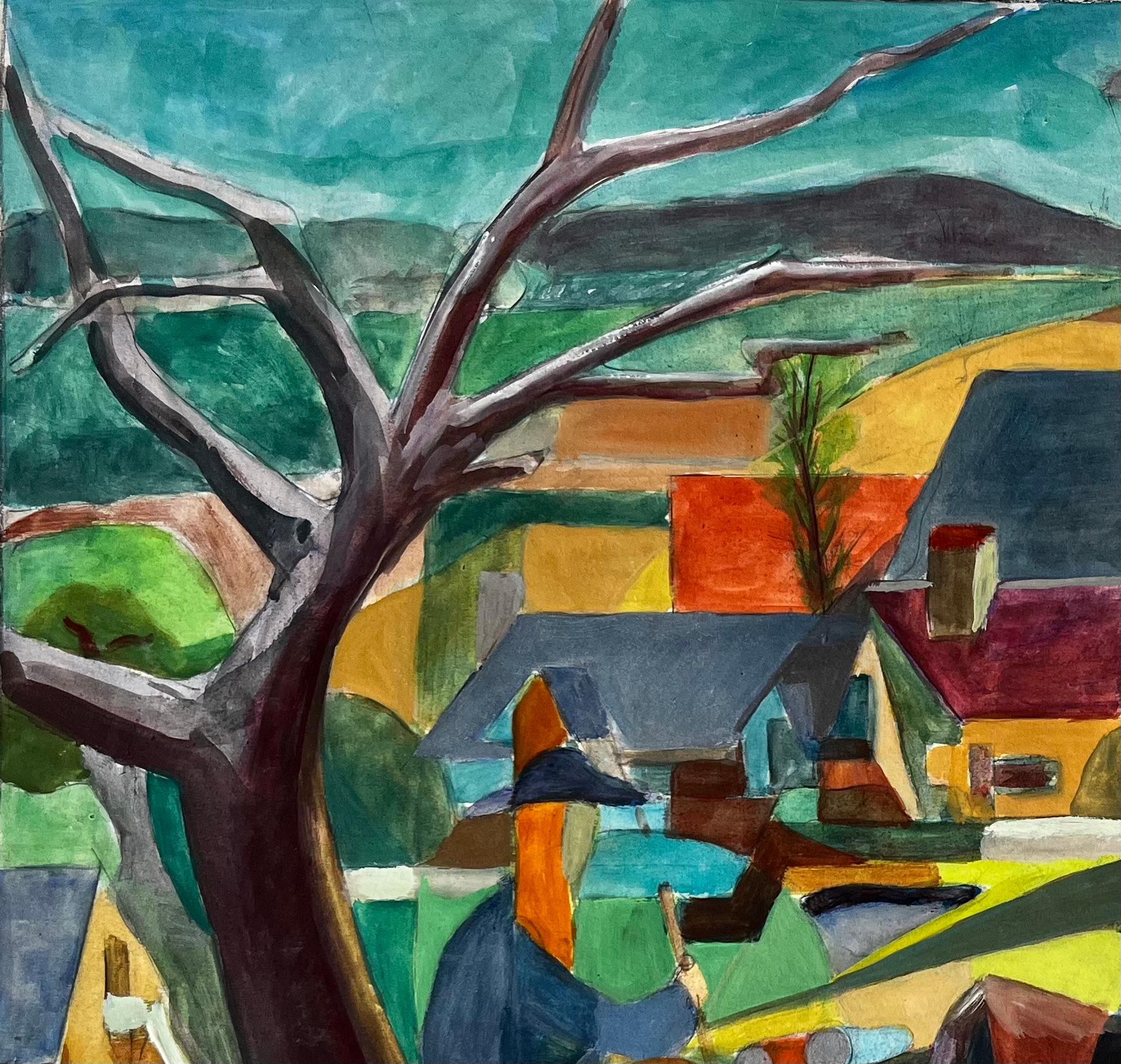 Paesaggio cubista a guazzo di un villaggio francese con cervi, alberi, chiese e colline in vendita 1
