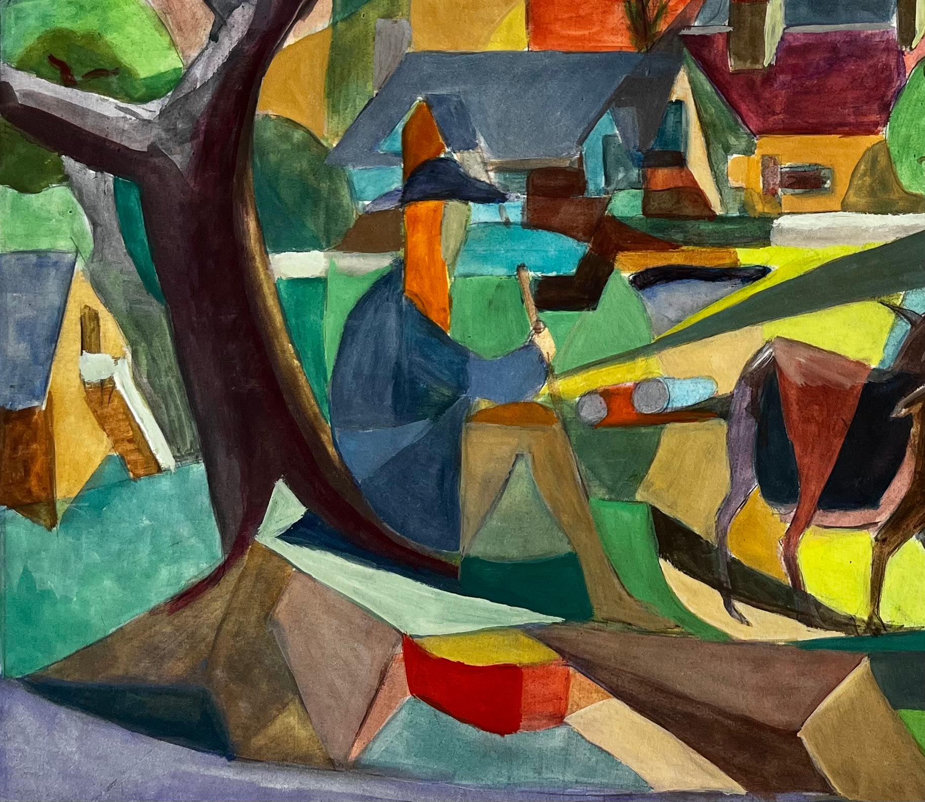 Titolo: Paesaggio cubista a guazzo di un villaggio francese con cervi, chiese, alberi e colline
Guy Nicod (francese, 1923 - 2021) 
Guazzo su carta d'artista, senza cornice
Dimensioni: 19,75 x 25,25 pollici (altezza x larghezza)
Provenienza: