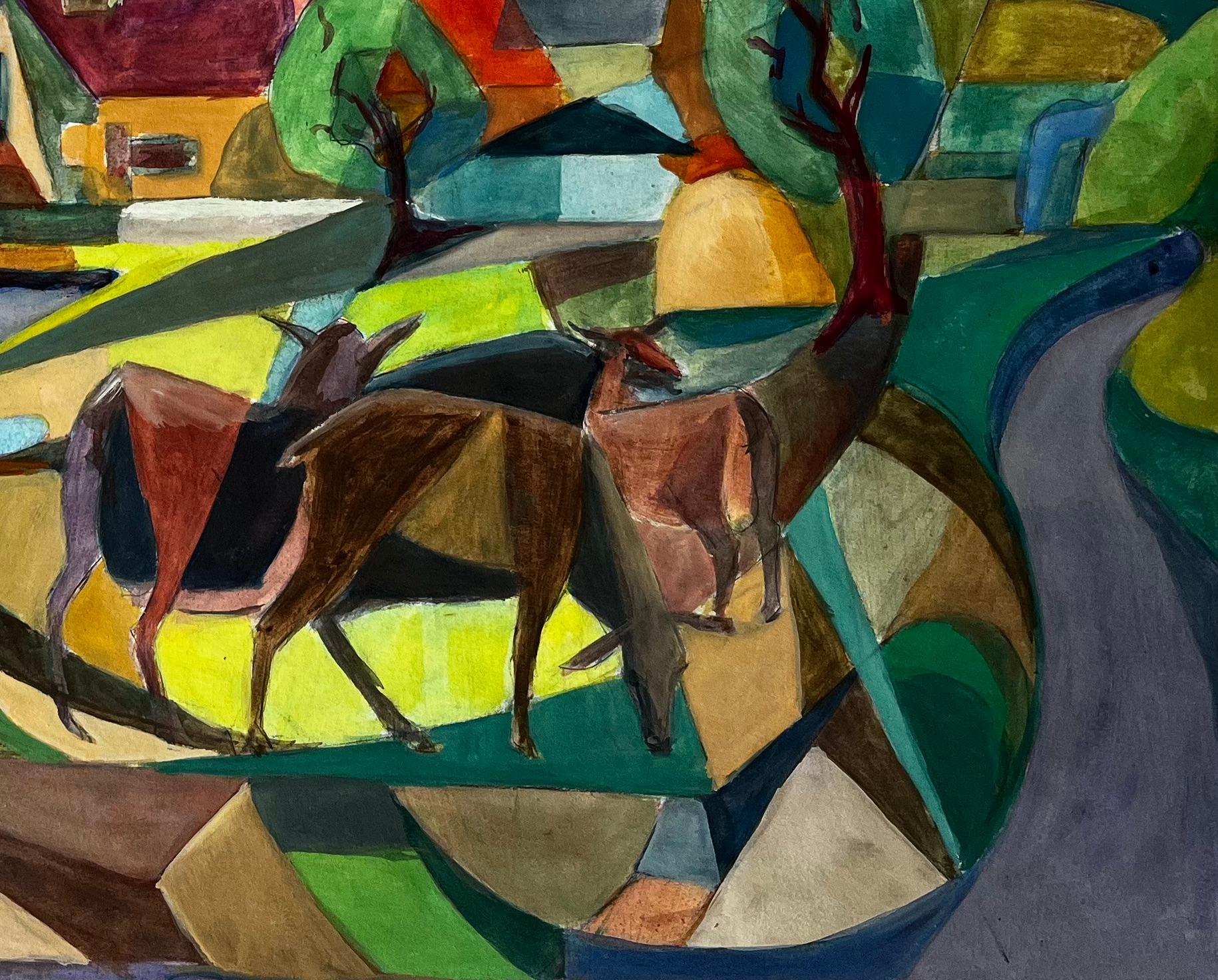 Paesaggio cubista a guazzo di un villaggio francese con cervi, alberi, chiese e colline - Art Moderno di Guy Nicod