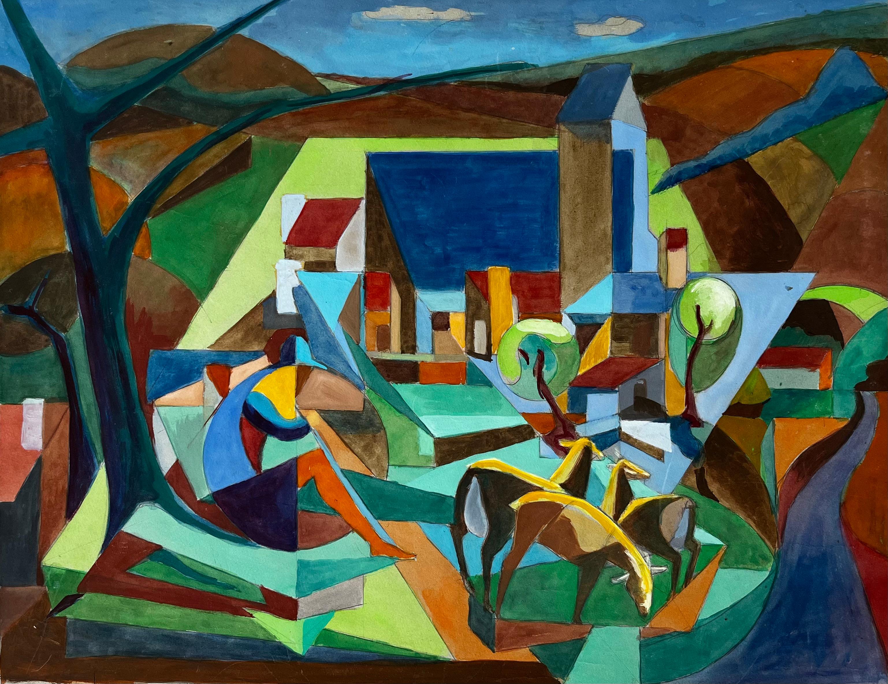 Paesaggio cubista di un villaggio francese con cavalli, chiese, alberi e colline Gouache
