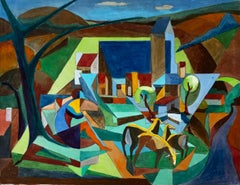 Paesaggio cubista di un villaggio francese con cavalli, chiese, alberi e colline Gouache