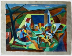 Cubist French Village Landscape With Horses Church Trees And Hills Gouache
