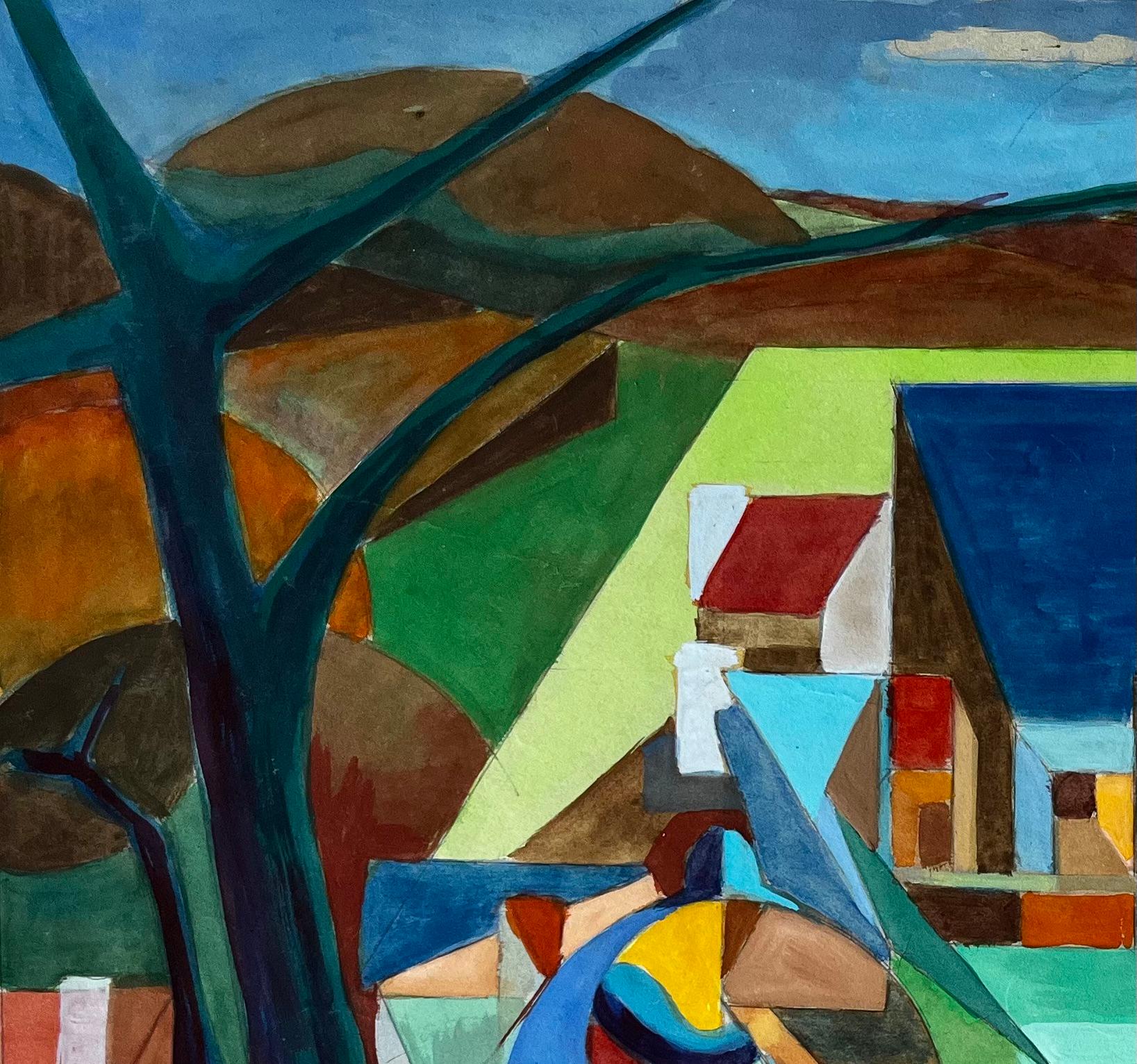 Paesaggio cubista di un villaggio francese con cavalli, chiese, alberi e colline Gouache in vendita 1