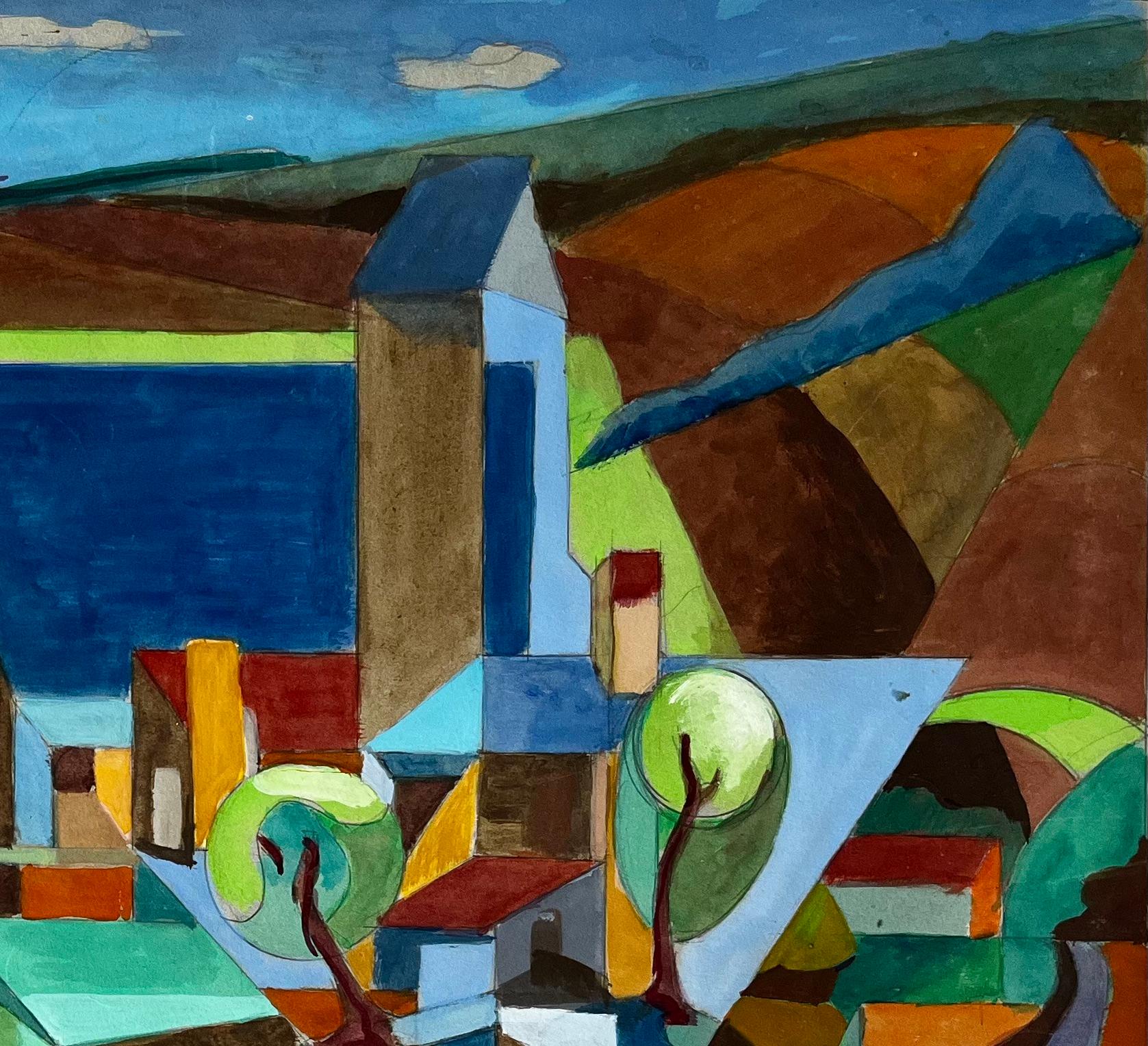 Paesaggio cubista di un villaggio francese con cavalli, chiese, alberi e colline Gouache - Landscape Art Nero di Guy Nicod