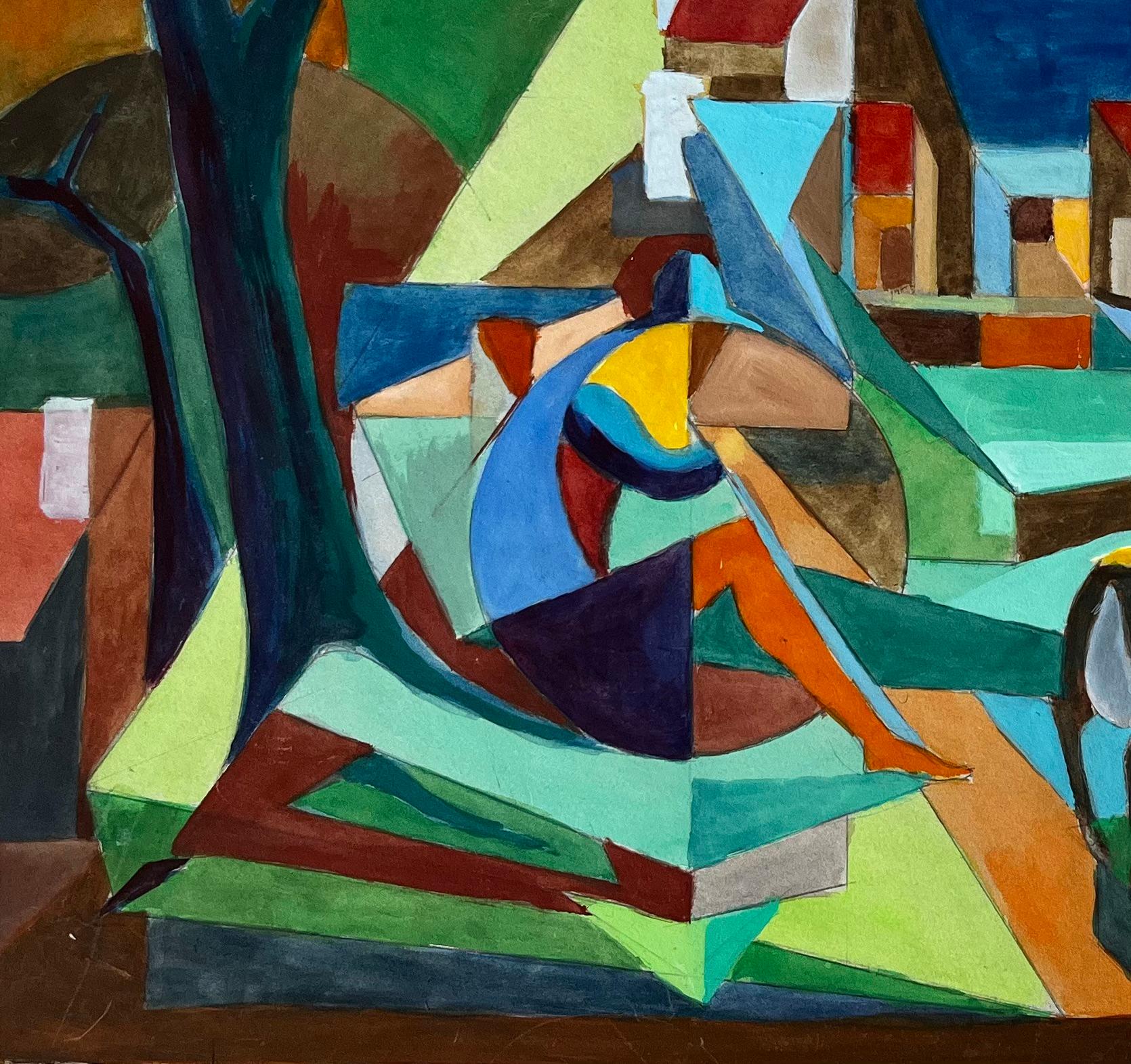Titolo: Paesaggio cubista di un villaggio francese con cavalli, chiese, alberi e colline Gouache
Guy Nicod (francese, 1923 - 2021) 
Guazzo su carta d'artista, senza cornice
Dimensioni: 19,5 x 25,5 pollici (altezza x larghezza)
Provenienza: Proprietà