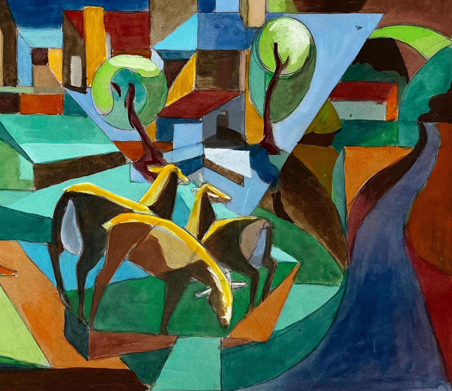 Paesaggio cubista di un villaggio francese con cavalli, chiese, alberi e colline Gouache - Art Moderno di Guy Nicod