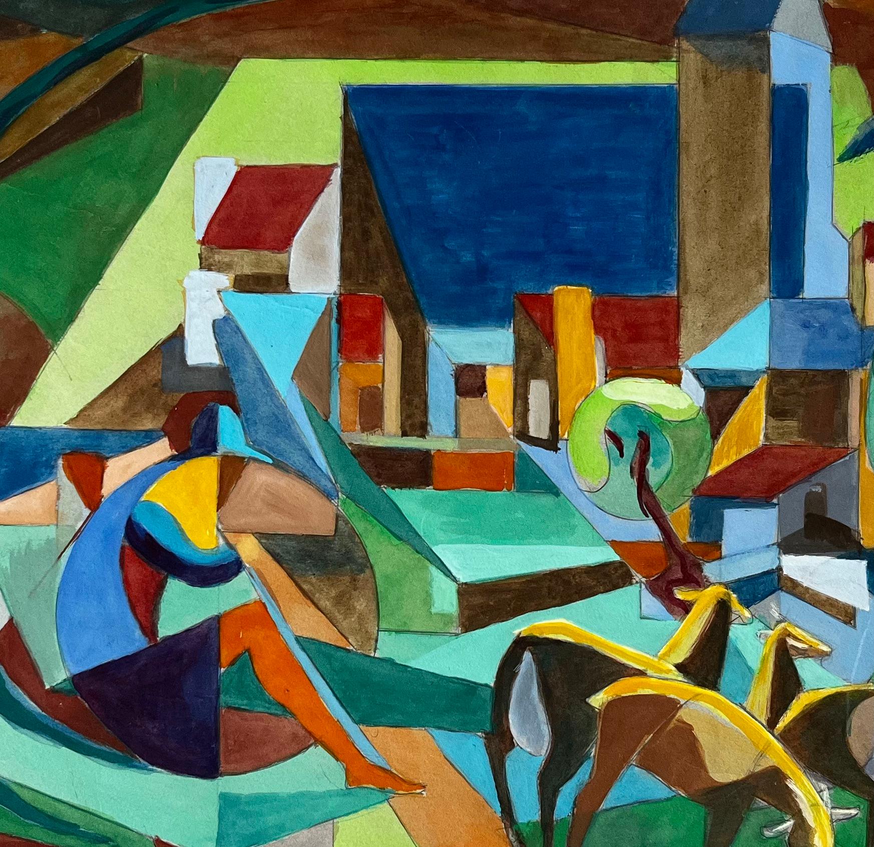 Paesaggio cubista di un villaggio francese con cavalli, chiese, alberi e colline Gouache in vendita 2