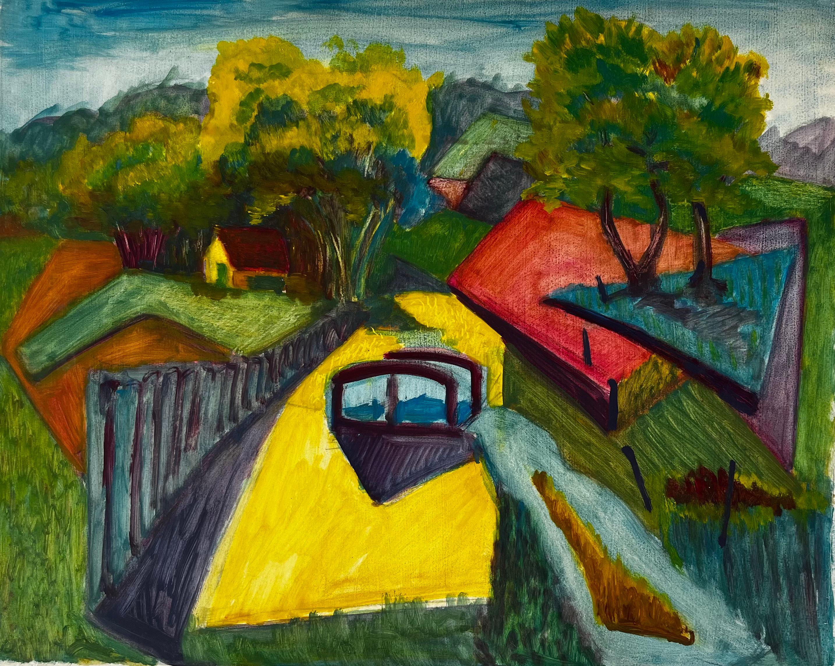 Paesaggio francese cubista a guazzo con sentiero giallo, alberi, case e campi