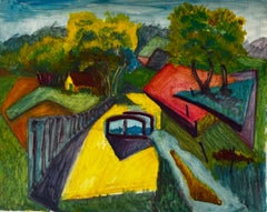 Cubist Gouache French Landscape With Yellow Path Trees Houses And Fields
