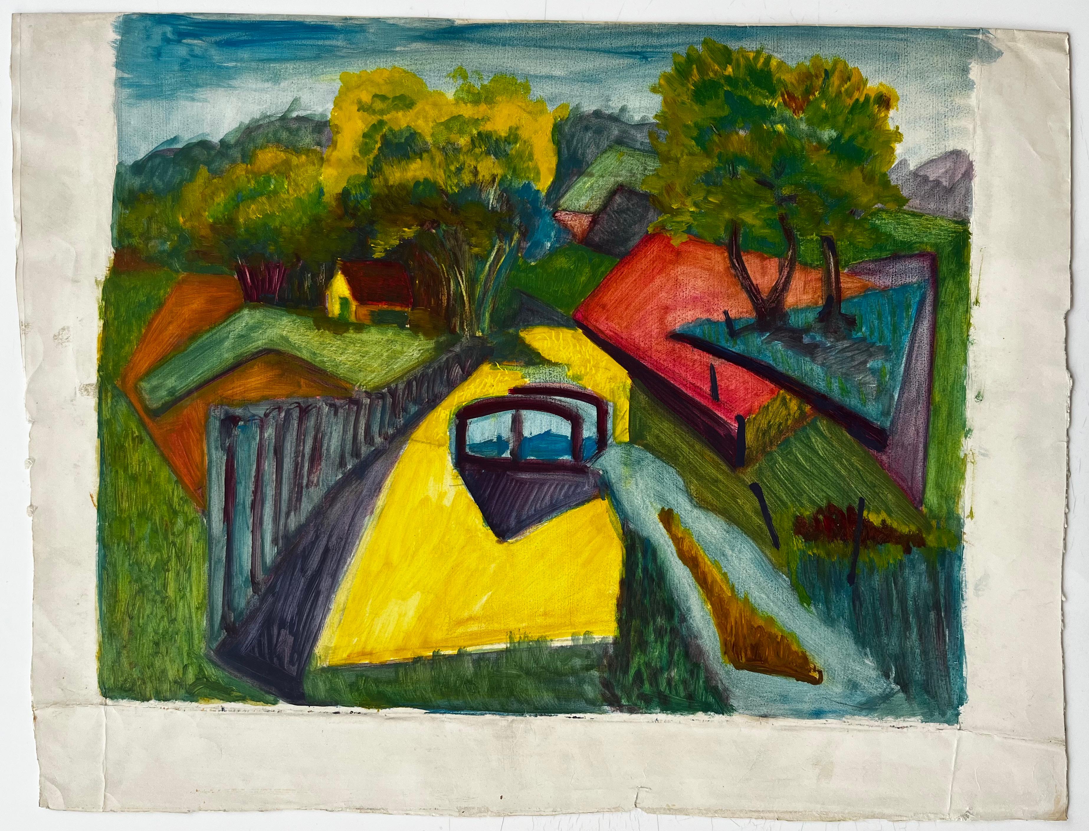 Paysage français à la gouache cubiste avec chemin jaune, arbres, maisons et champs - Art de Guy Nicod