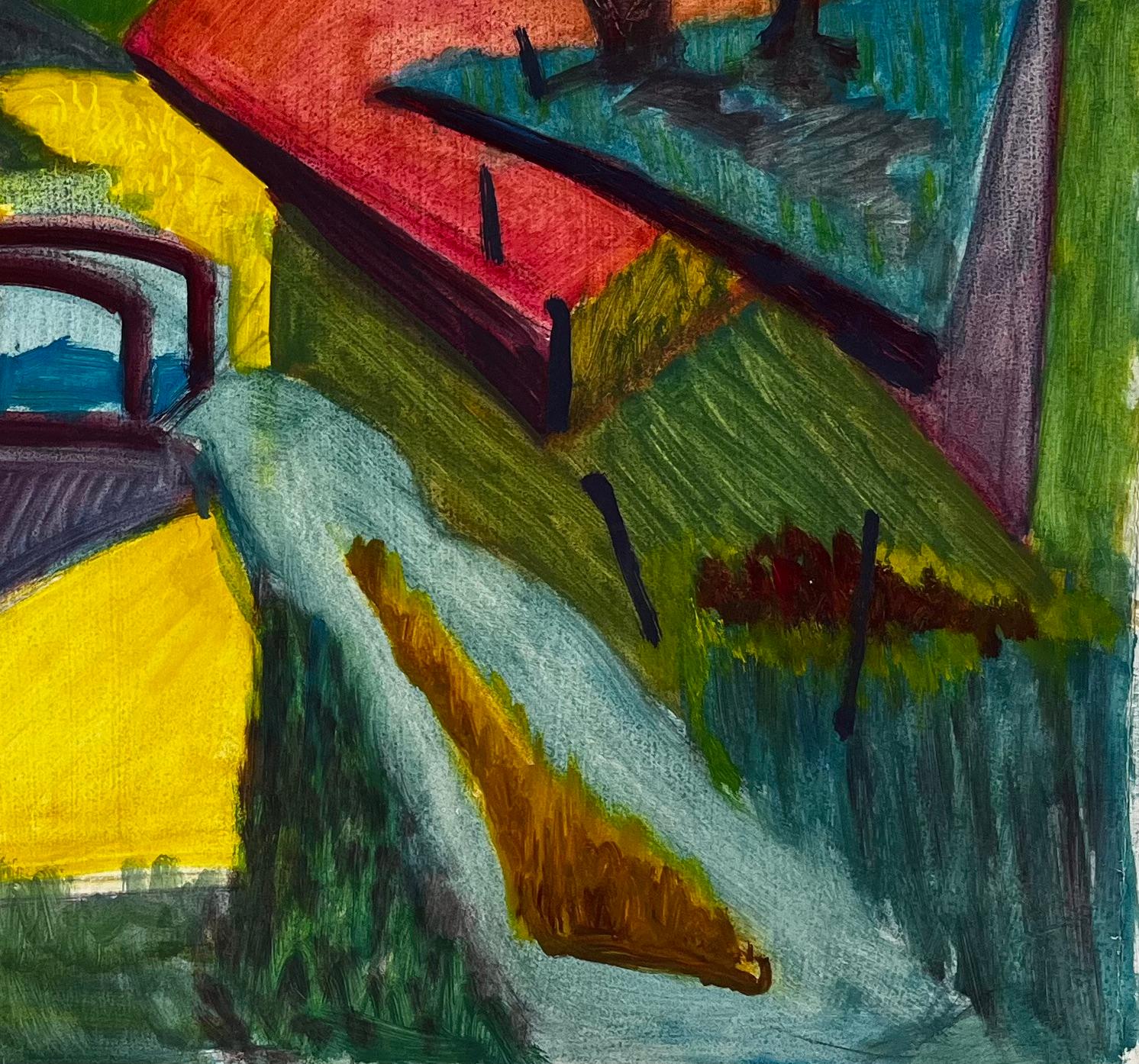 Paysage français à la gouache cubiste avec chemin jaune, arbres, maisons et champs - Noir Abstract Drawing par Guy Nicod