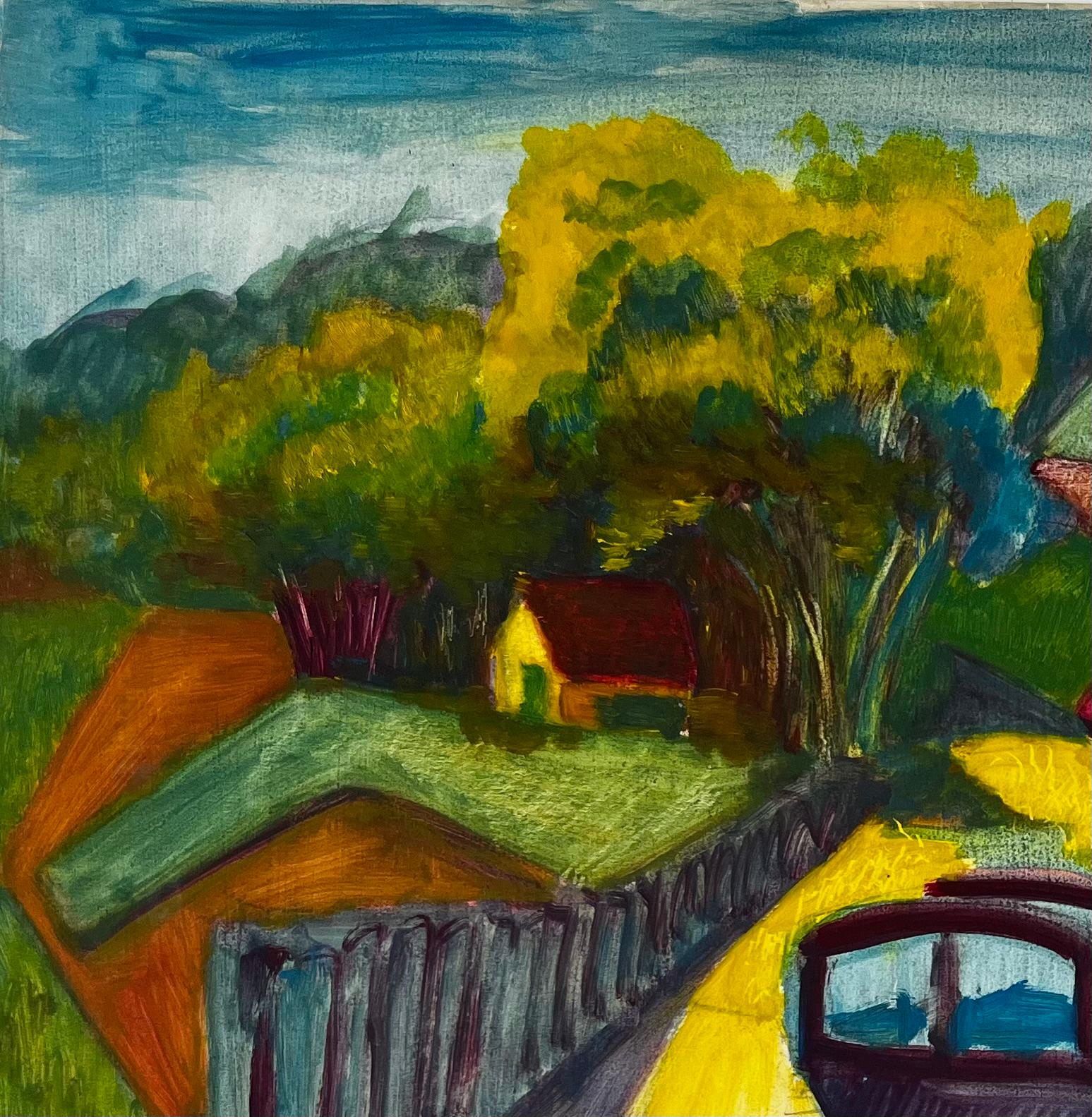 Titre : Paysage français à la gouache cubiste avec chemin jaune, arbres, maisons et champs
Guy Nicod (français 1923 - 2021) 
Gouache sur papier d'artiste, non encadrée
Taille : 18.25 x 23.75 pouces (hauteur x largeur)
Provenance : Succession