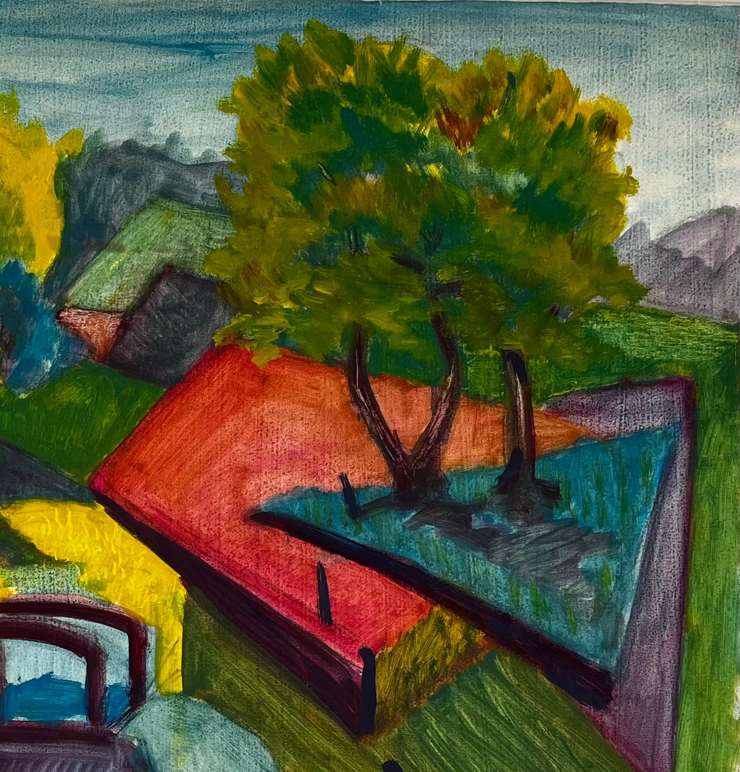 Paysage français à la gouache cubiste avec chemin jaune, arbres, maisons et champs - Moderne Art par Guy Nicod