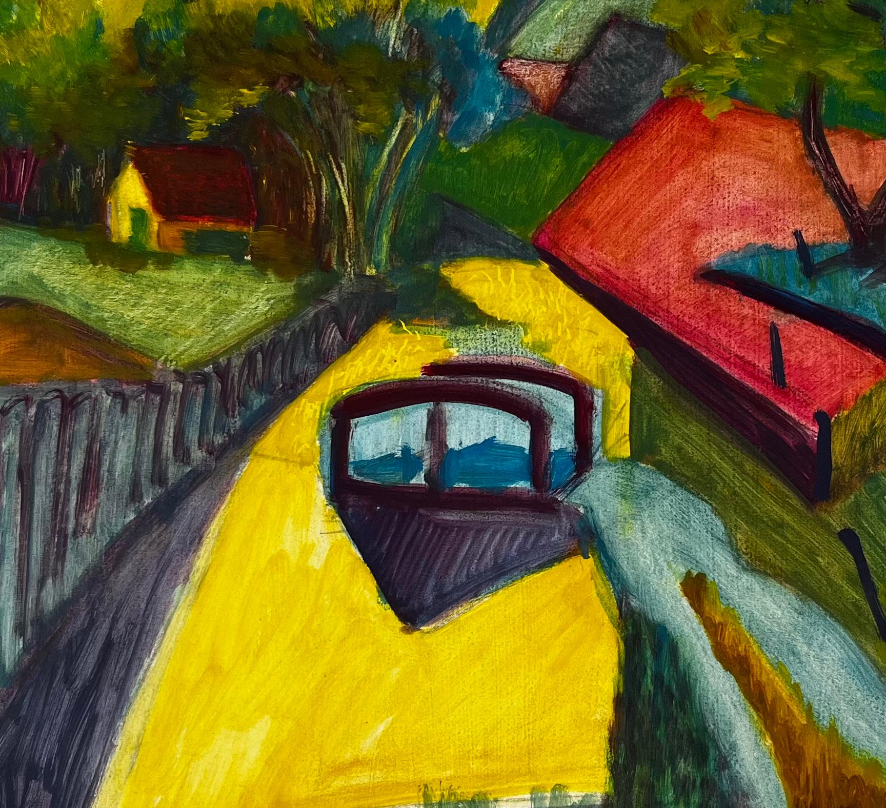 Paysage français à la gouache cubiste avec chemin jaune, arbres, maisons et champs en vente 2