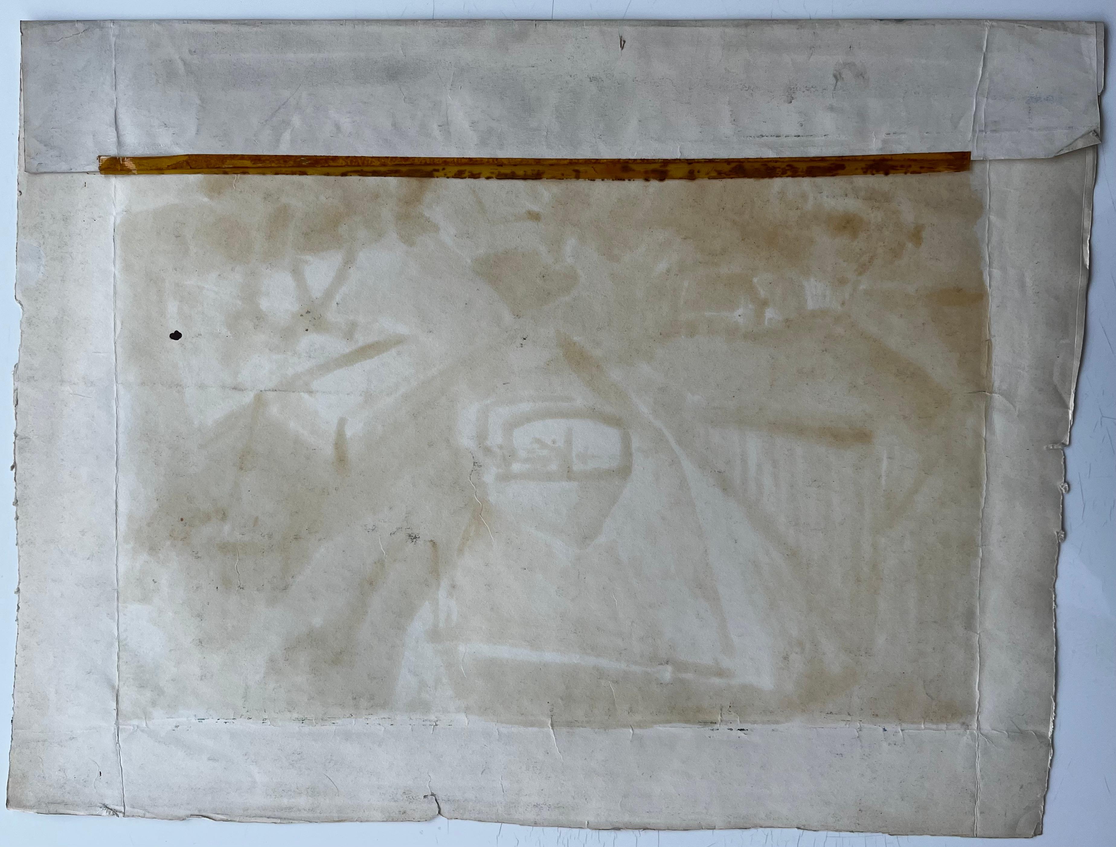 Paysage français à la gouache cubiste avec chemin jaune, arbres, maisons et champs en vente 3