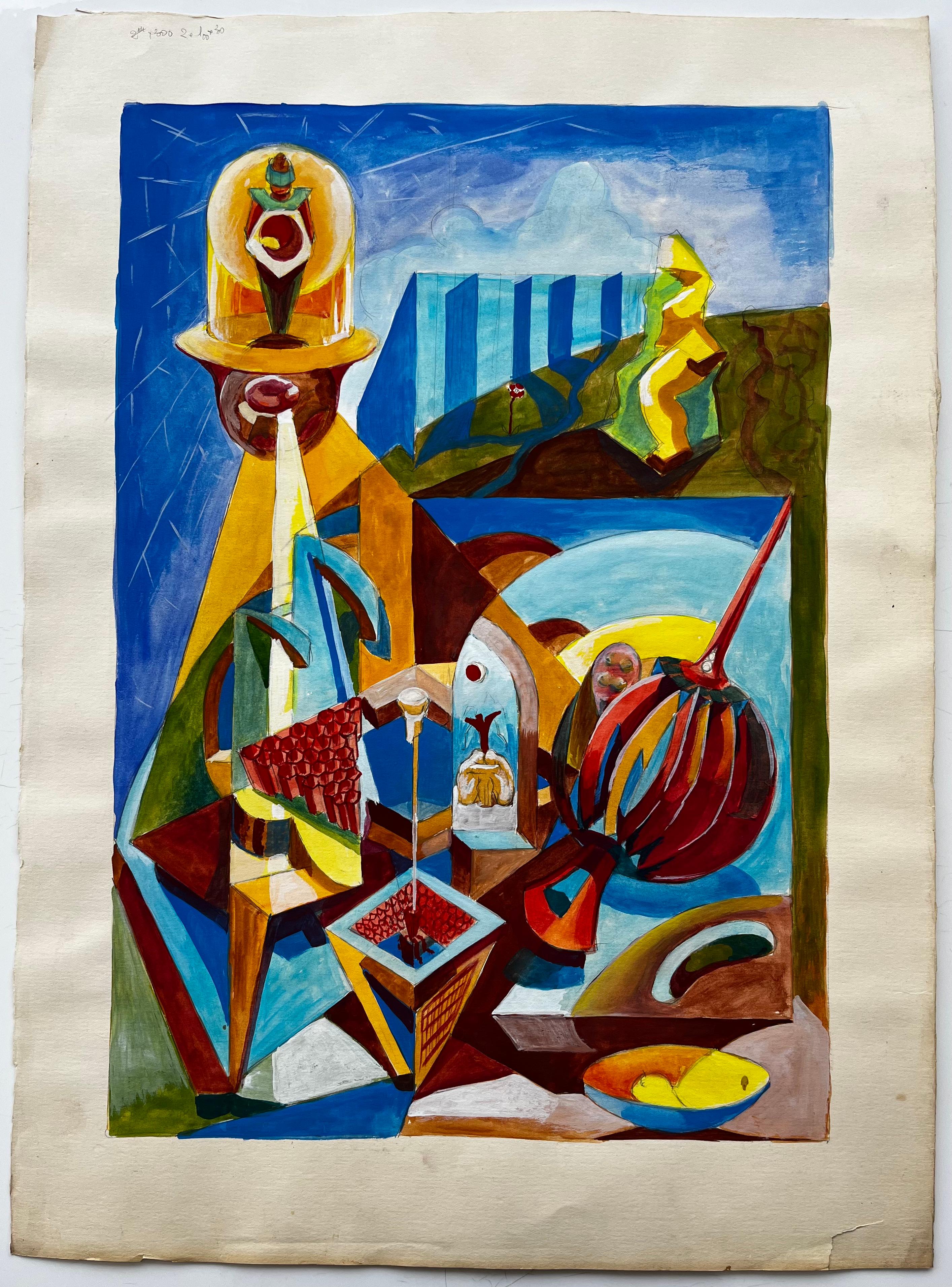 Nature morte cubiste à la gouache avec vase à fruits, bol et formes géométriques - Art de Guy Nicod
