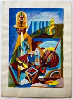 Cubist Gouache French Still Life With Fruit Vase Bowl And Geometric Shapes