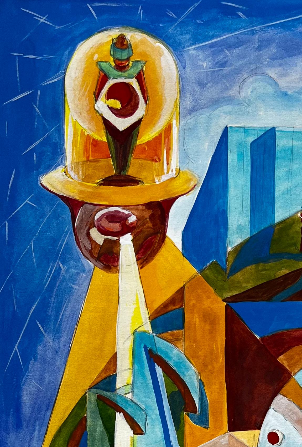 Nature morte cubiste à la gouache avec vase à fruits, bol et formes géométriques - Moderne Art par Guy Nicod
