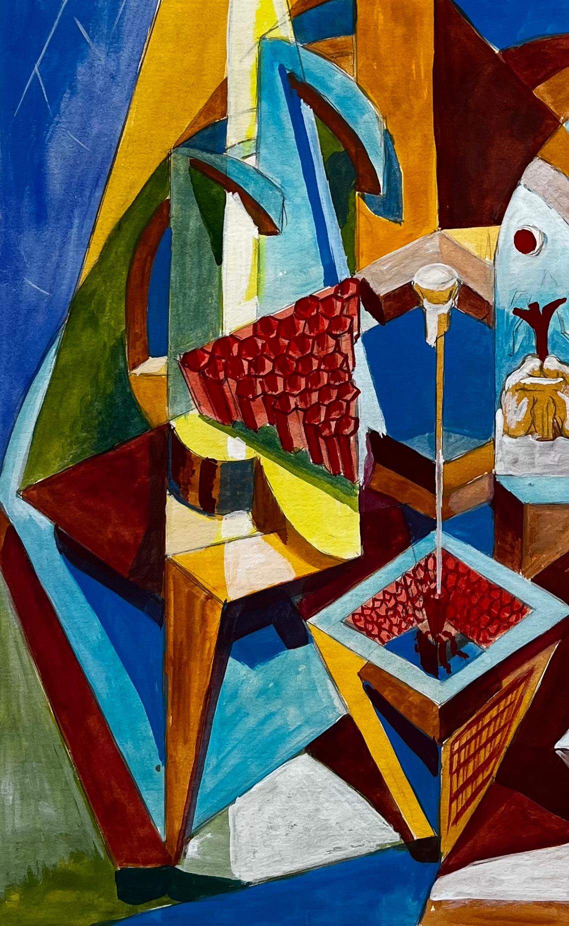 Nature morte cubiste à la gouache avec vase à fruits, bol et formes géométriques en vente 1